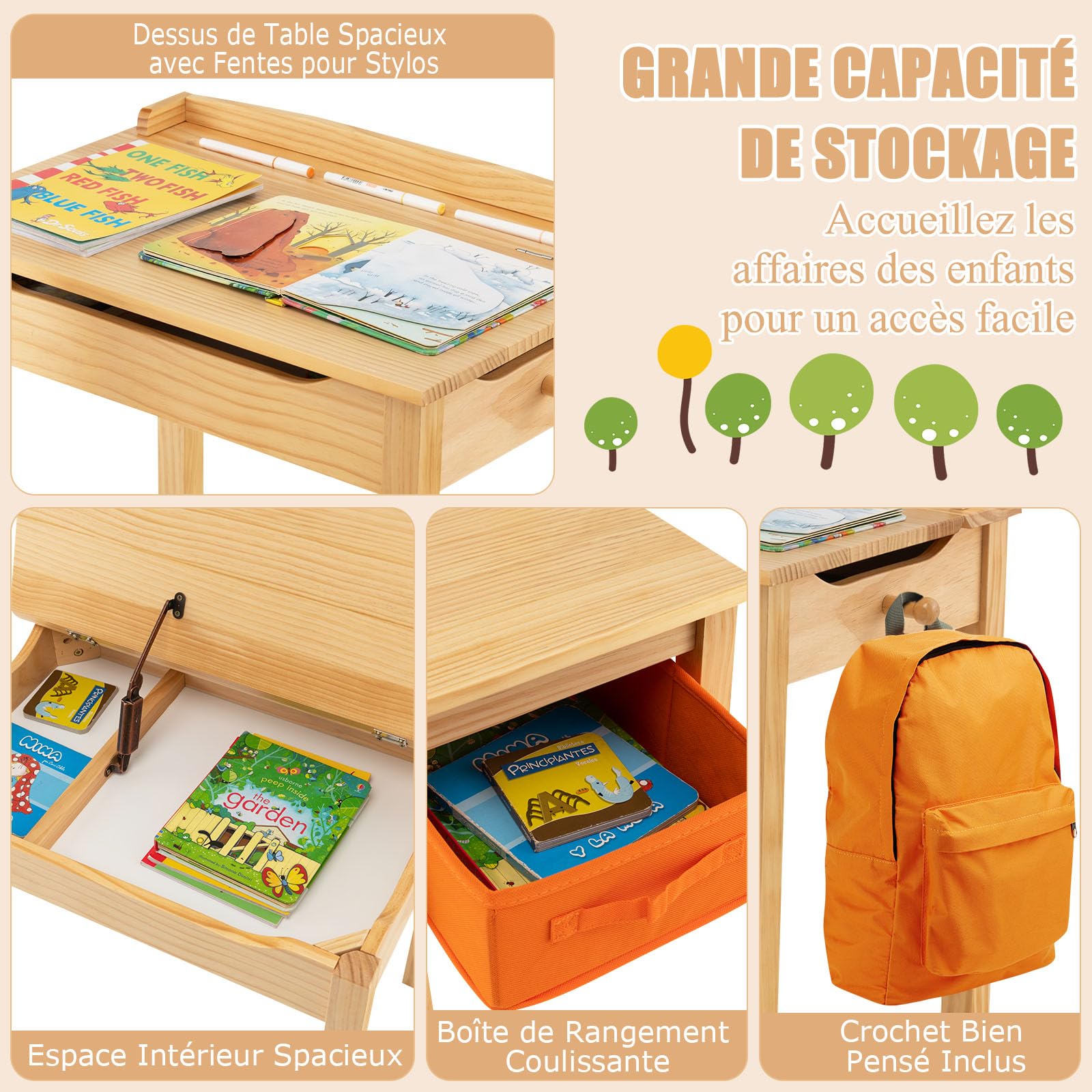 DREAMADE Bureau et Chaise Enfants 59x40x55CM en Bois,Table d'Étude Enfant 3+Ans,Plateau Rabattable,Crochet,Table et Chaise avec Tiroir en Tissu pour Fille Garçon,Charge 70KG (Naturel)