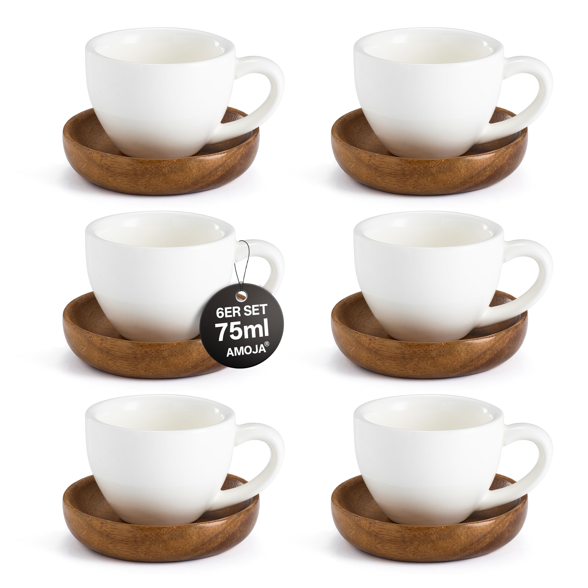 6er Set Espressotassen mit Untertassen – Weiß, 75ml Dickwandige Keramik-Espressotassen Set, Lang Warm Haltend, Stapelbares Design & Spülmaschinenfest