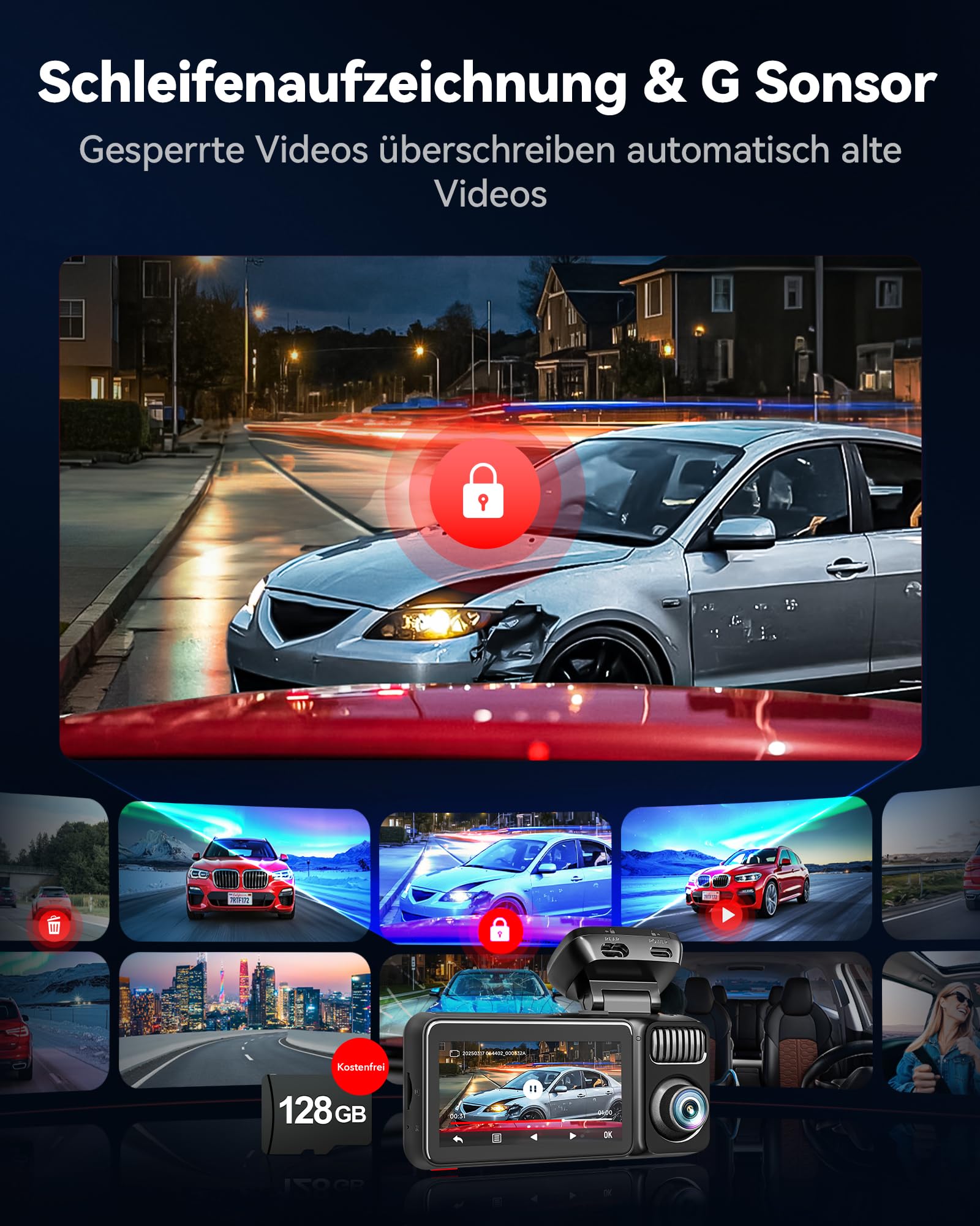 REDTIGER F17 Elite 4K 3 Kanal Dashcam Auto, STARVIS 2 IMX678 & IMX 675, 128GB Karte, Full Night Color, 4K+2.5K+1080P Vorne und Hinten Innen, Sprachsteuerung, 5GHz WiFi 6, GPS, HDR, Parkmodus