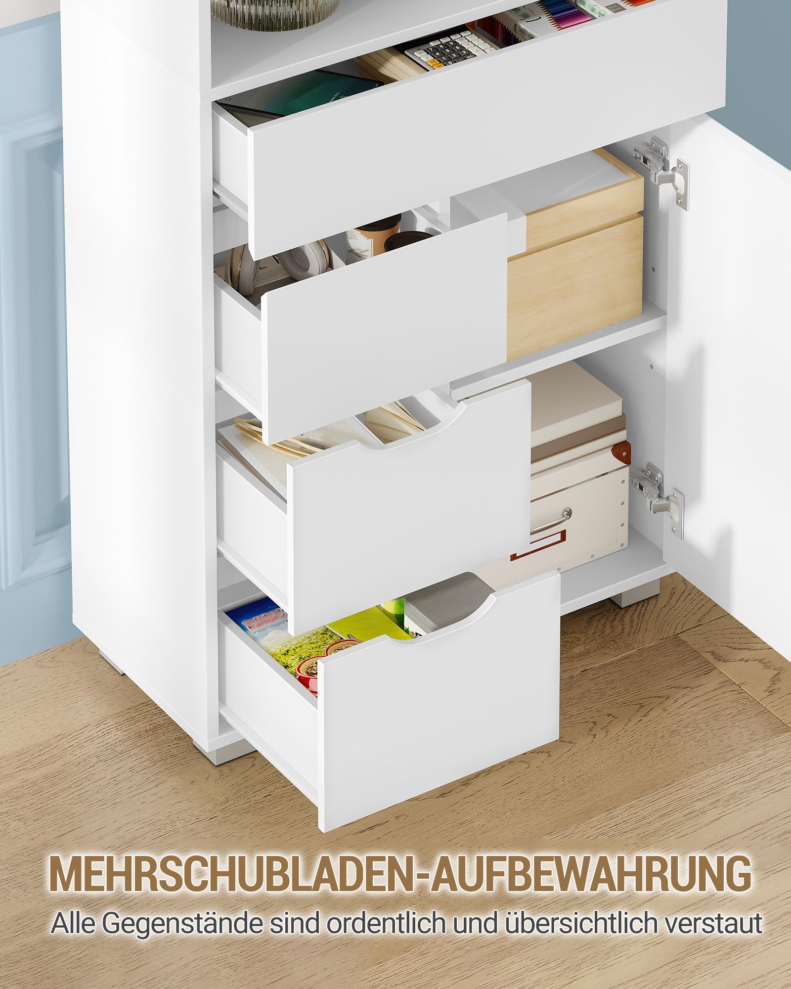 Hzuaneri Badezimmerschrank, Hoher Badschrank mit Verstellbaren Ablage, Kommode mit 4 Schubladen und 3 Schranktüren, Küchenschrank,Modern, für Wohnzimmer, Badezimmer 30 x 60 x 190 cm Weiß SC15503X