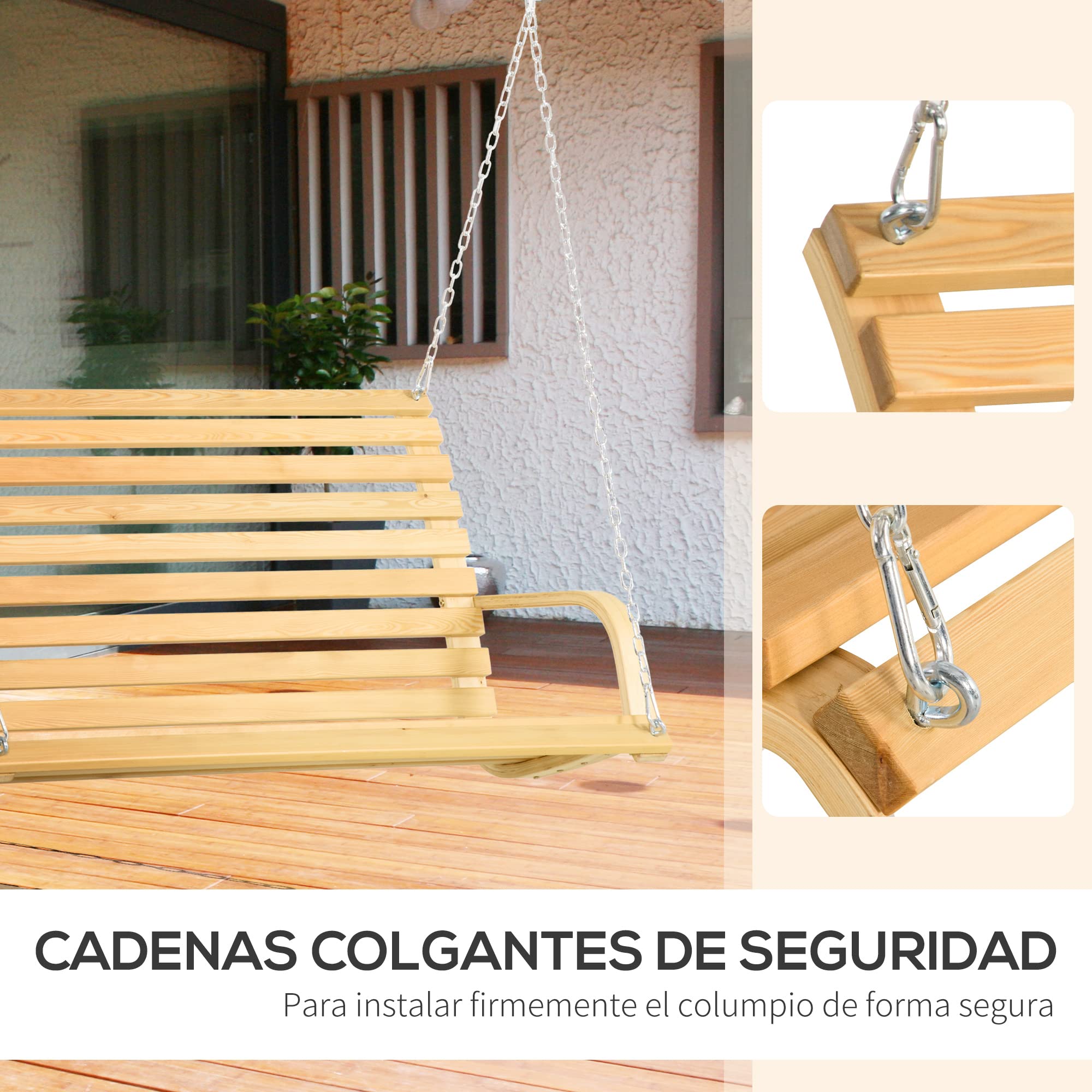Outsunny Banco Columpio de Madera de 2 Plazas Banco Balancín Colgante Carga 250 kg para Jardín Terraza Balcón Patio 141,5x51x78 cm Natural