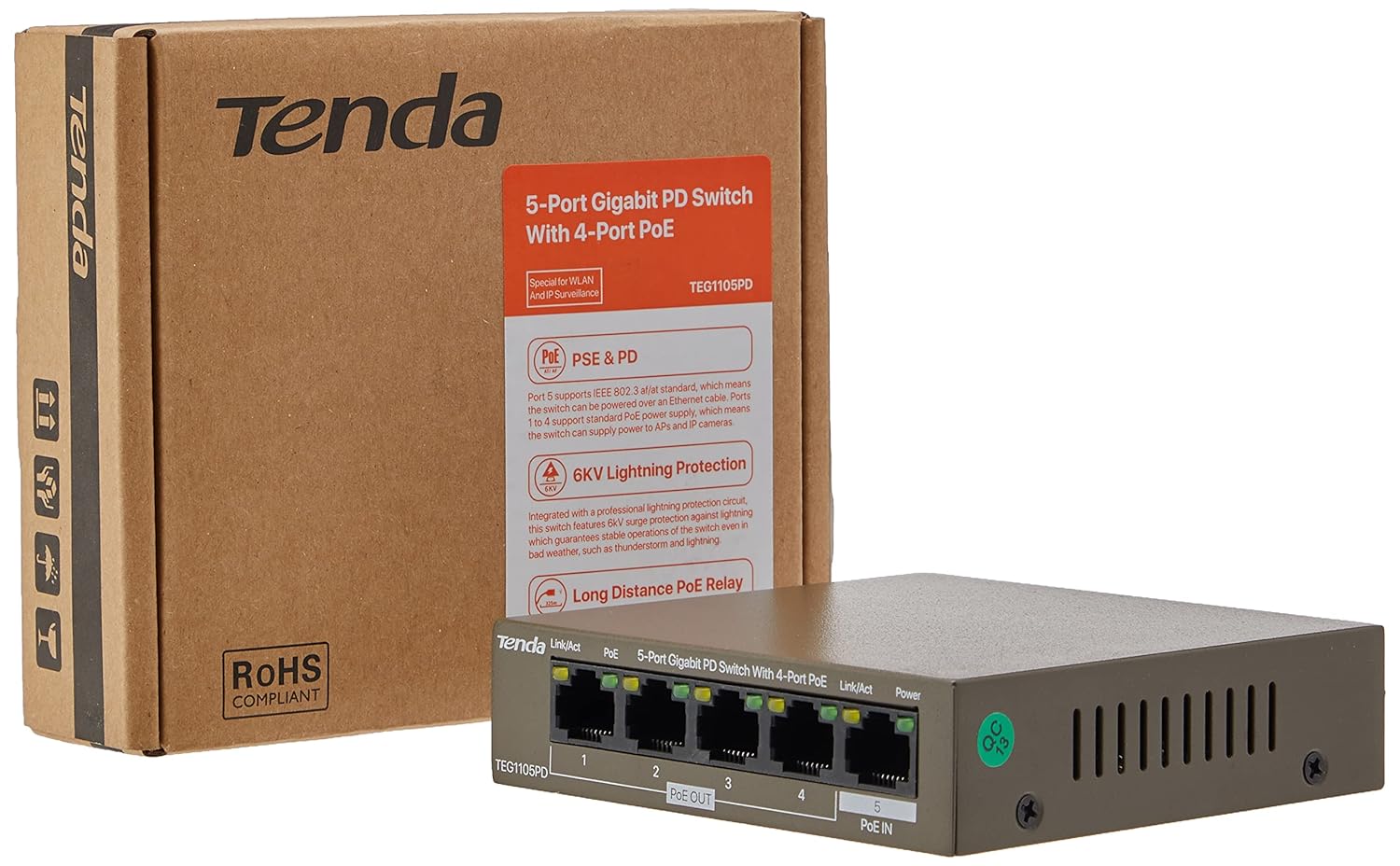 Tenda PoE powered Switch, 5Port PoE Gigabit Switch without Power