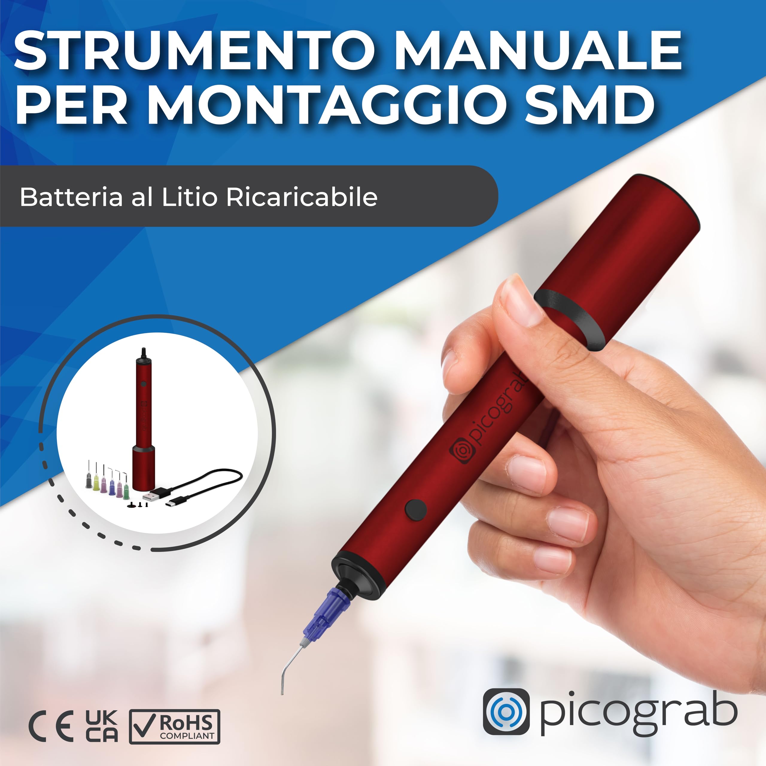 Penna a vuoto ESD ricaricabile per il posizionamento di componenti IC e la riparazione SMD, con 3 ventose, 6 ugelli intercambiabili, corpo in alluminio, porta USB-C e fino a 10 ore di batteria.