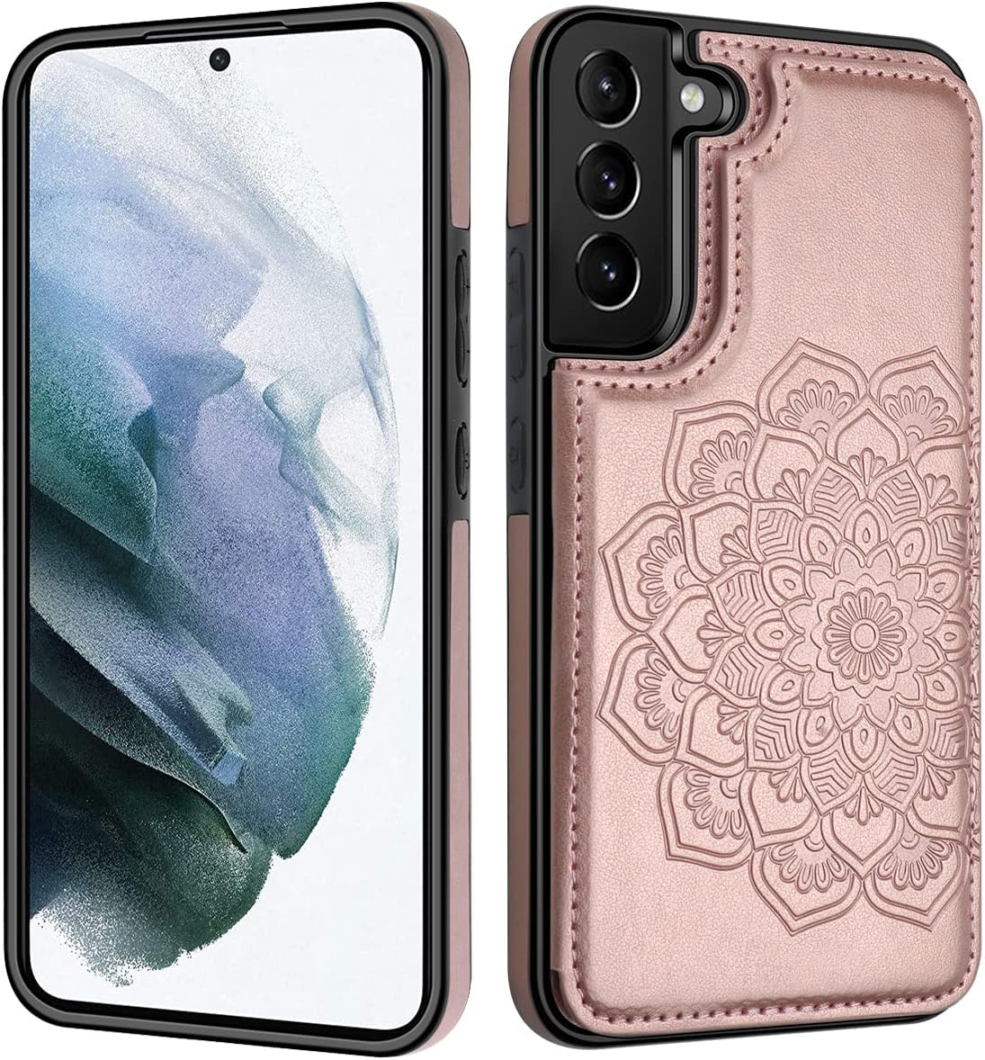 MMHUO for Samsung Galaxy S22 Case with Card Holder,Flower Magnetic Buttons Protective Wallet Cover for Women for Samsung Galaxy S22 5G (2022),Rose Gold