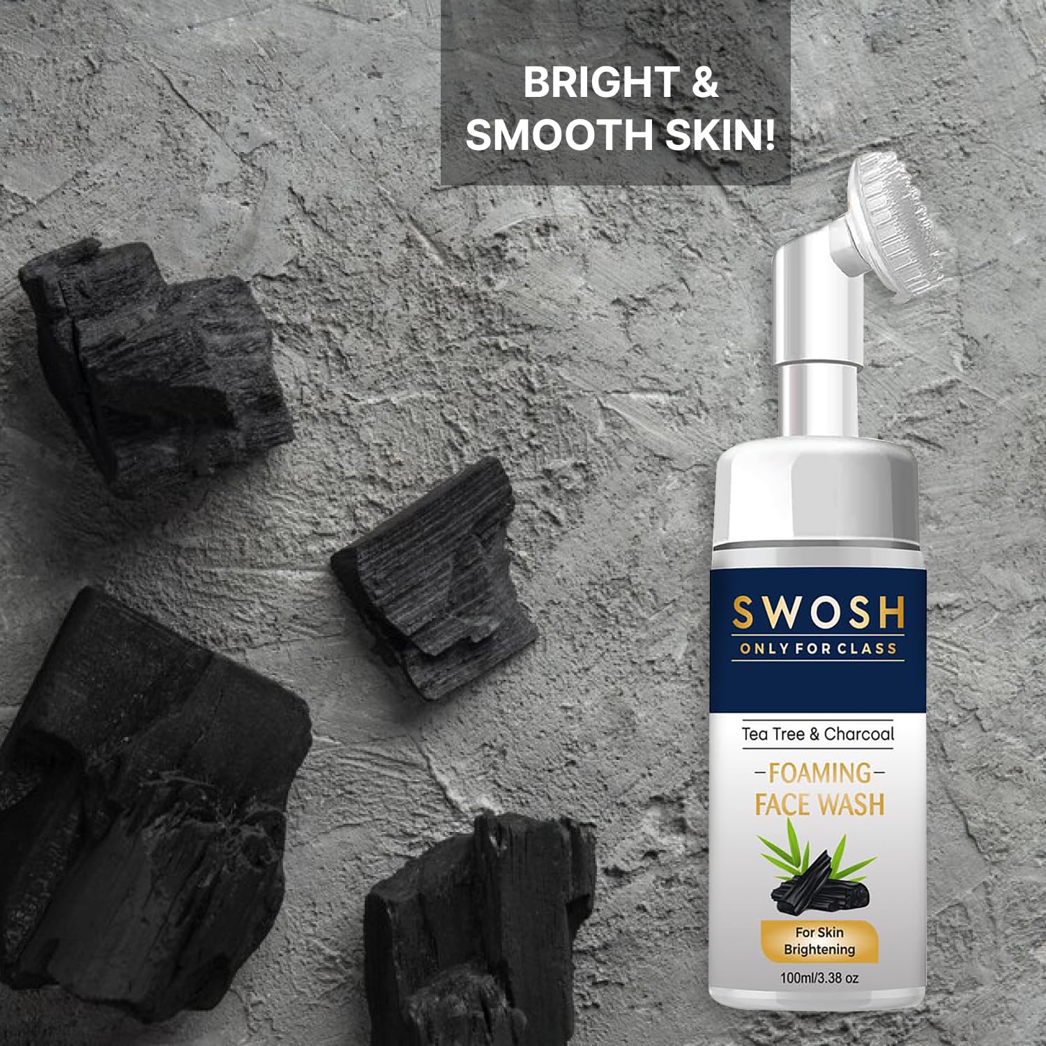 SWOSH Activated Charcoal Face Wash With Tea Tree Oil For Women and Men 100 ml With Bulit In Silicone Brush - Image 3