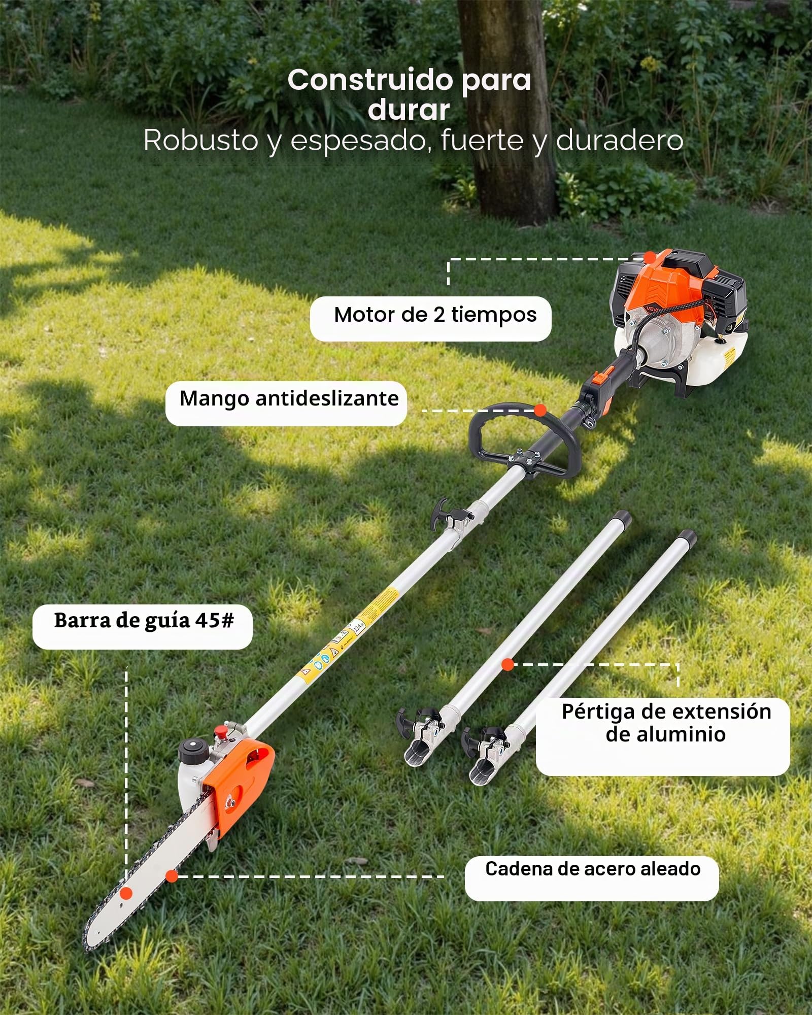 VEVOR Motosierra de Pértiga a Gasolina, Motosierra Inalámbrica de 43 CC y 2 Tiempos con Barra de Corte de 25,4 cm, Cabezal Giratorio, y Extensible de 2,16 a 3,66 m para Podar Árboles, Naranja