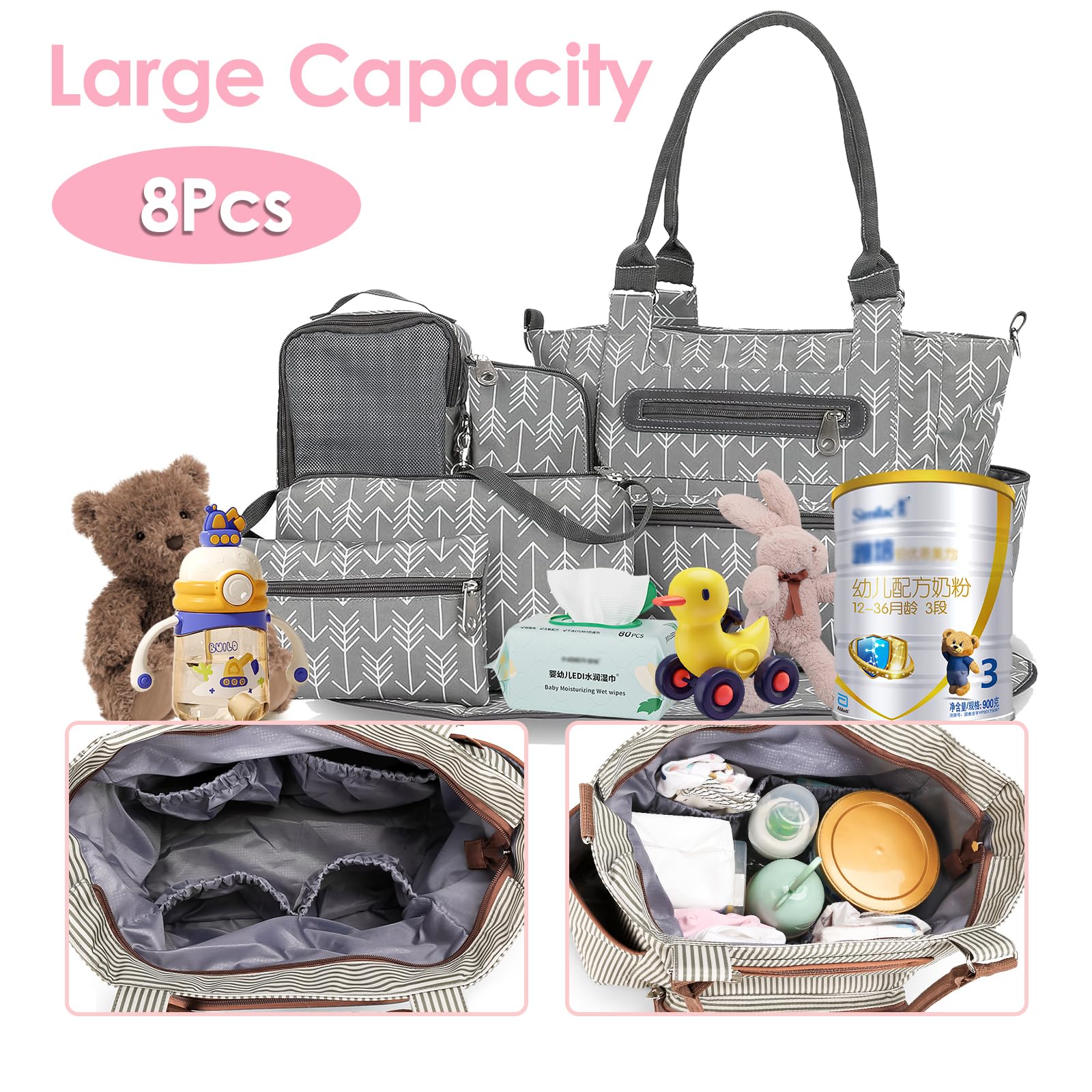 iMounTEK Set di 8 borse per pannolini, borsa multifunzione per pannolini, grande borsa da viaggio per il trasporto del pannolino, con tasche multiple