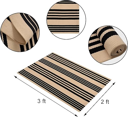 Miniatura 2 de Tapete para puerta de entrada exterior, 2 x 3 pies, lavable a máquina, alfombra de algodón tejida a mano para entrada, interior negro y caqui, para