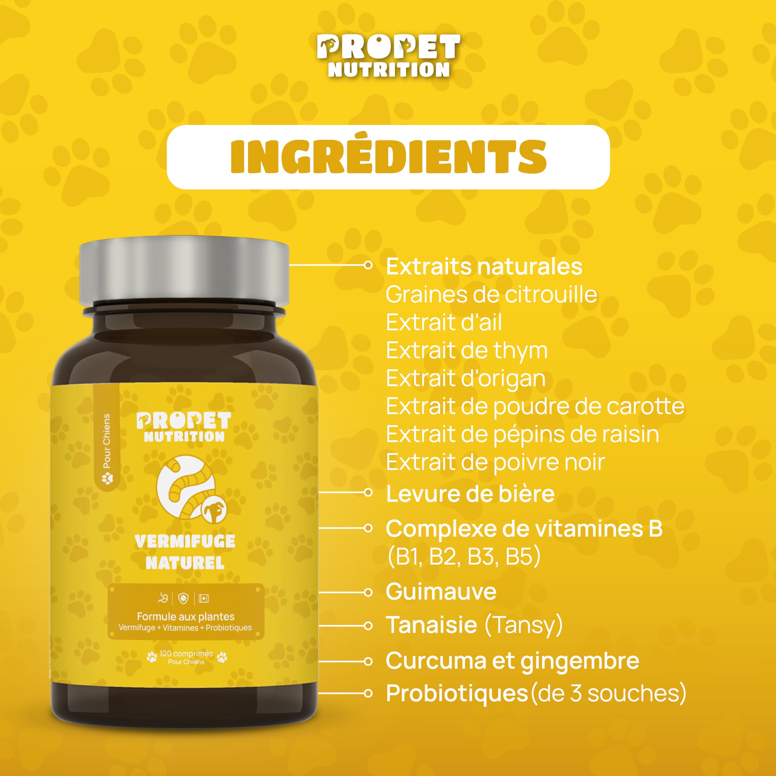 Vermifuge Chien à Base d'Extraits de Plante. 120 Comprimés. Contre Les vers. 100% Naturel. Probiotique Chien + Vitamines B. Protection Intestinale. Toutes Races, Chiot et Chaton. Antiparasite Interne