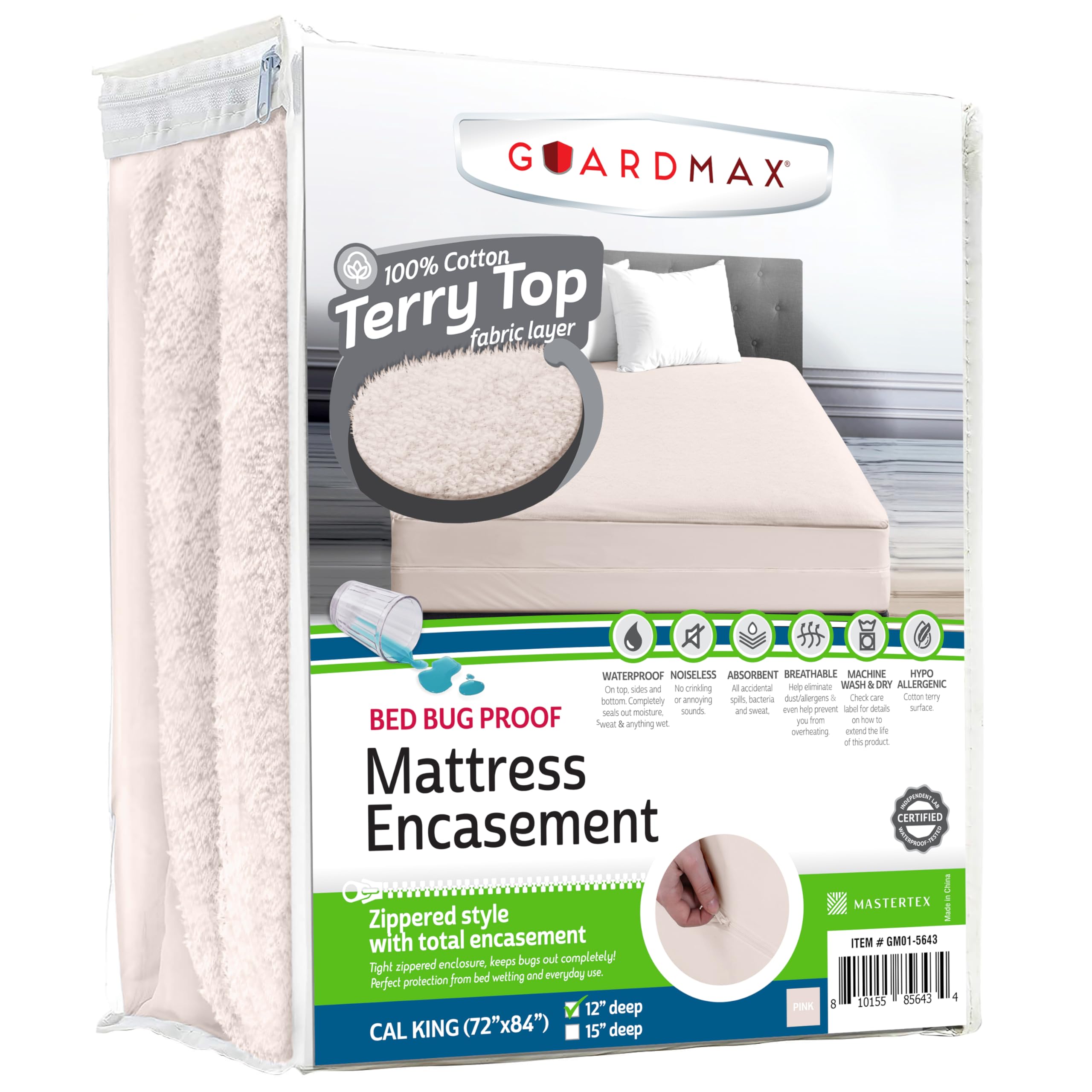 Guardmax Terry Cotton Zippered Mattress Encasement - California King Size - 100% Waterproof and Bed Bug Proof Mattress Protector - Absorbent Six-Sided Mattress Cover (Terry Cotton, California King)
