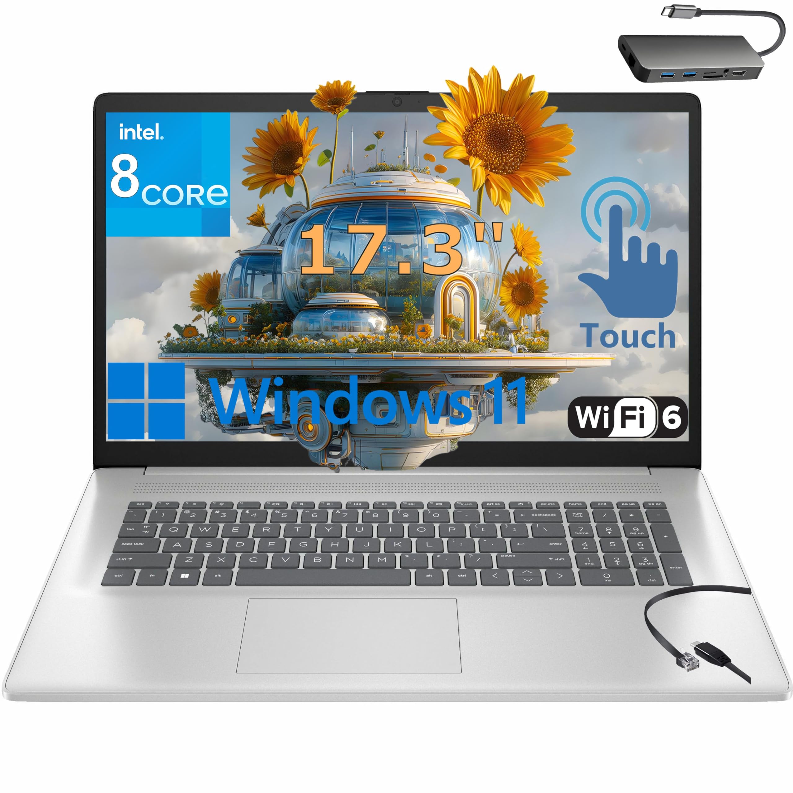 HP 17.3" Touchscreen Laptop Computer for Business and Home, Intel Processor Octa-Core, 16GB DDR4 RAM, 0.75TB Storage (512GB SSD + 256GB Docking Station), WiFi 6, HDMI, Numeric Keypad, Windows 11 Home