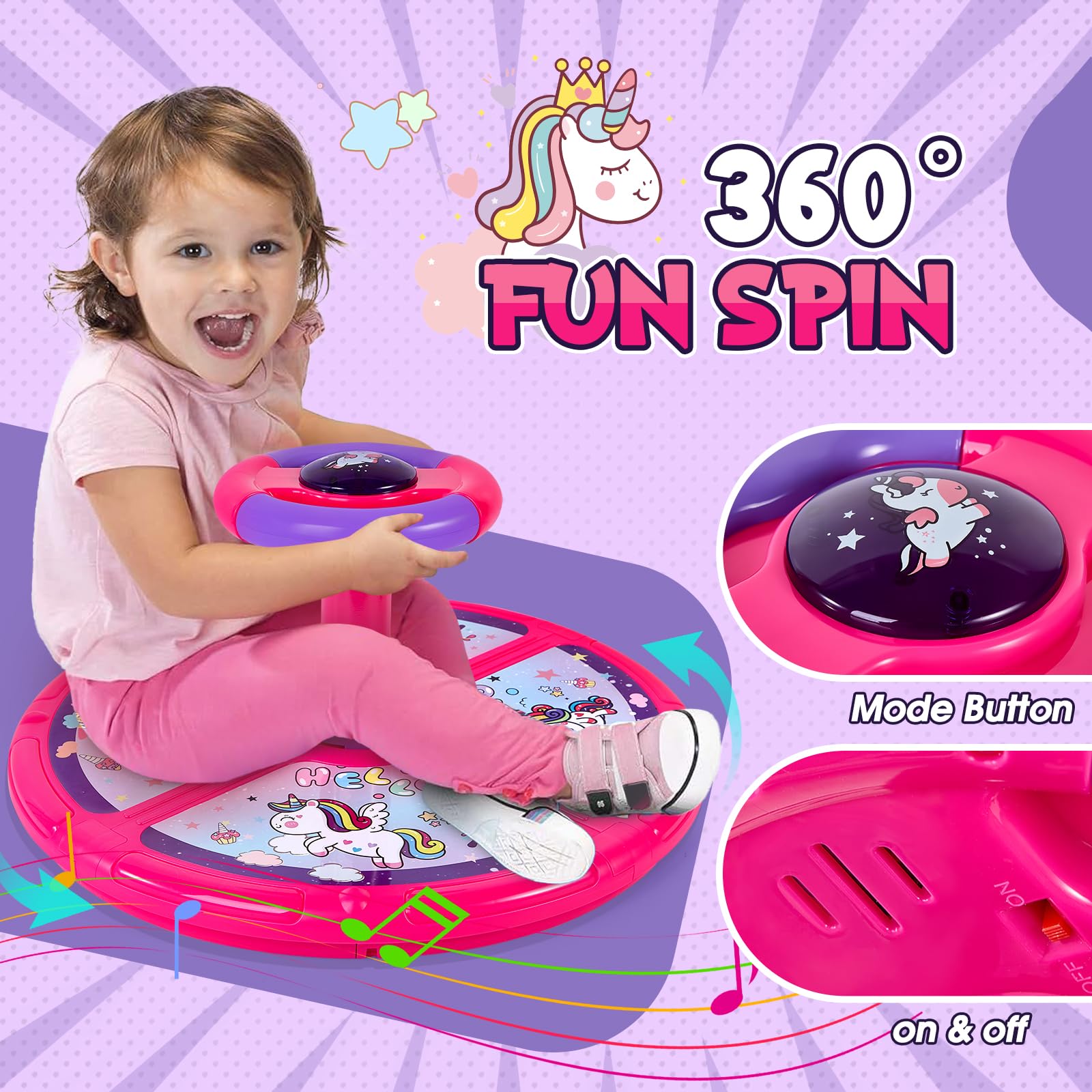Unicorn Sit and Spin, GODELAIF Sit and Spin Toy 360° Spinning Stool Seat Sensory Toys Christmas Birthday Gift with Music & LED Lights for Toddlers Girls 2, 3, 4, 5 Years Old