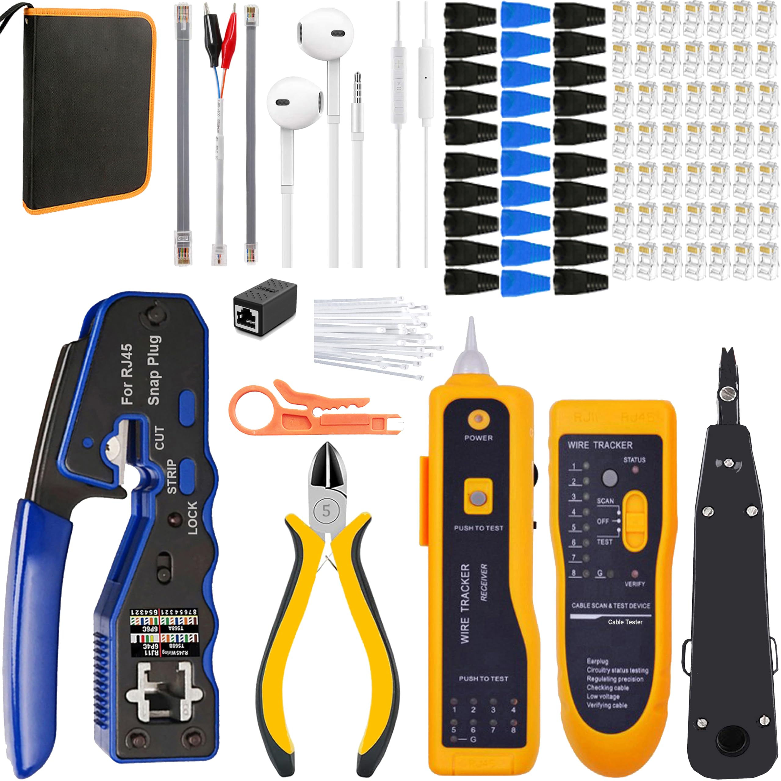 LEATBUY Ensemble d'outils à sertir RJ45 pour RJ11/RJ12 Cat5/Cat5e/Cat6 avec 50 connecteurs et 50 housses pour dénuder les câbles réseau (gris)