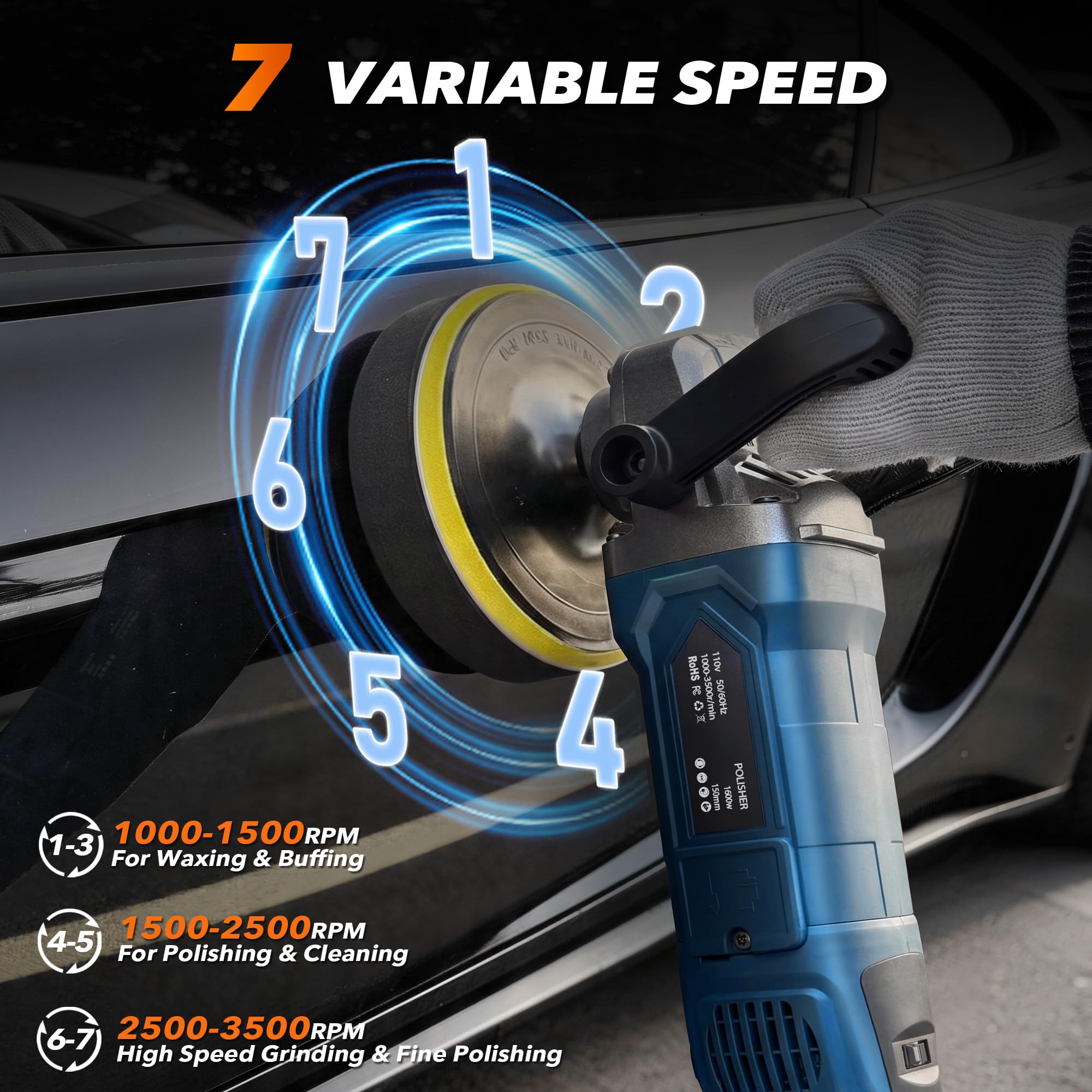 Pulidor de pulidor, 1600 W, rotativo, 7 velocidades, 1000-3500 RPM, mango desmontable para encerar, pulir y eliminar arañazos