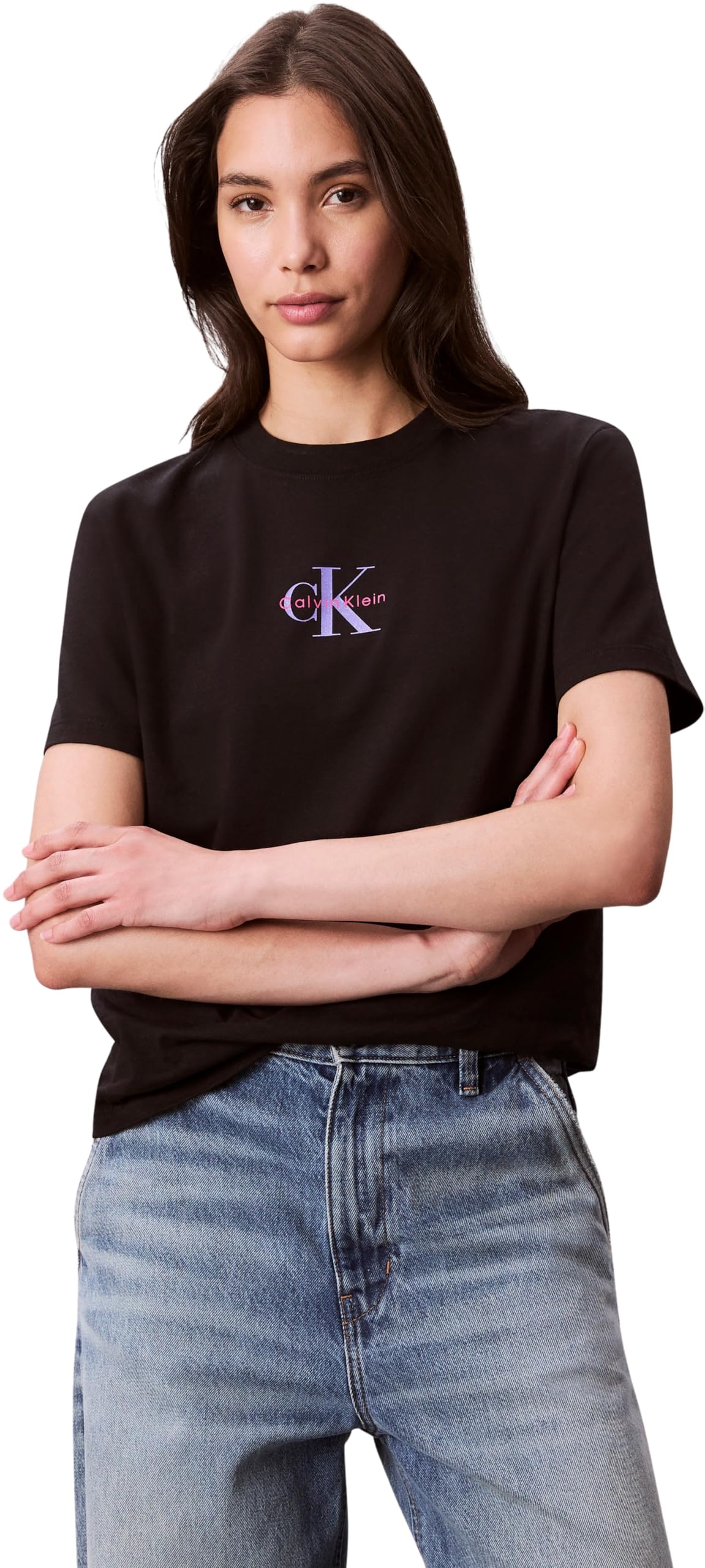Calvin Klein Women’s Short Sleeve Classic Logo Cotton T-Shirt, Black (Black), M