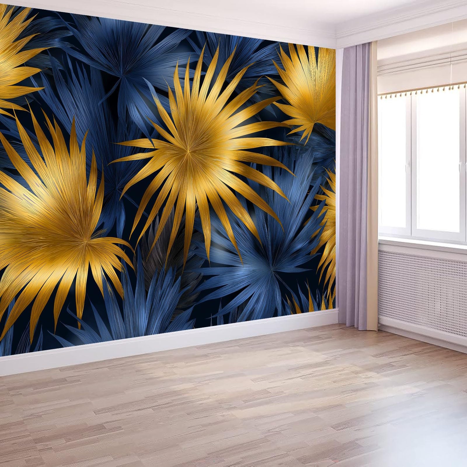 Générique Nowoczesna panoramiczna tapeta botaniczne liście palmowe moda czarny tusz 250 x 175 cm - nowoczesny gobelin ścienny z włókniny do salonu, sypialni lub pokoju dziecięcego