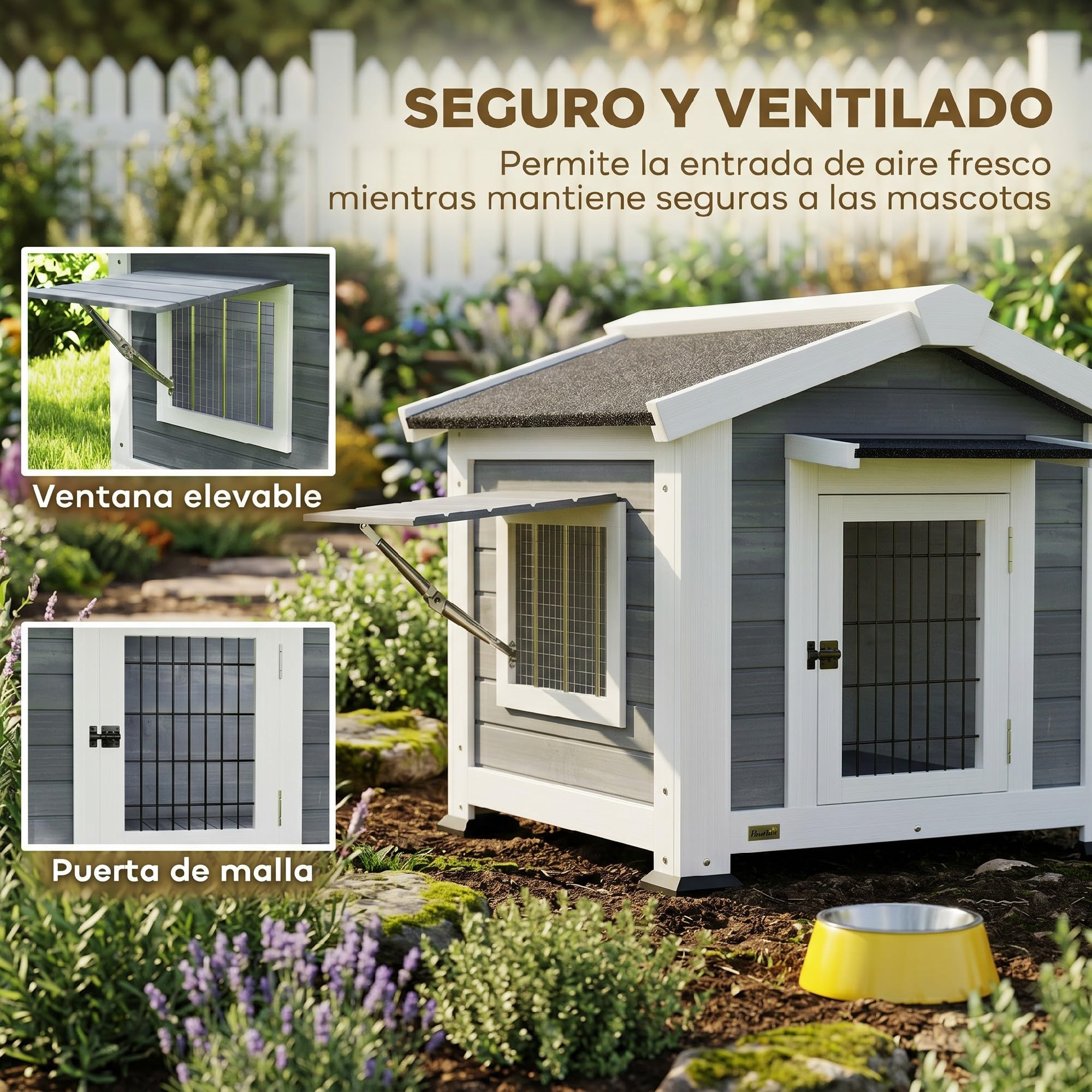 PawHut Caseta para Perros Exterior de Madera con Base Elevada y Suelo Extraíble, Casa para Perros Medianos con Techo Asfáltico, Ventana Abatible y Puerta Ventilada, 98x76x69,5 cm, Gris