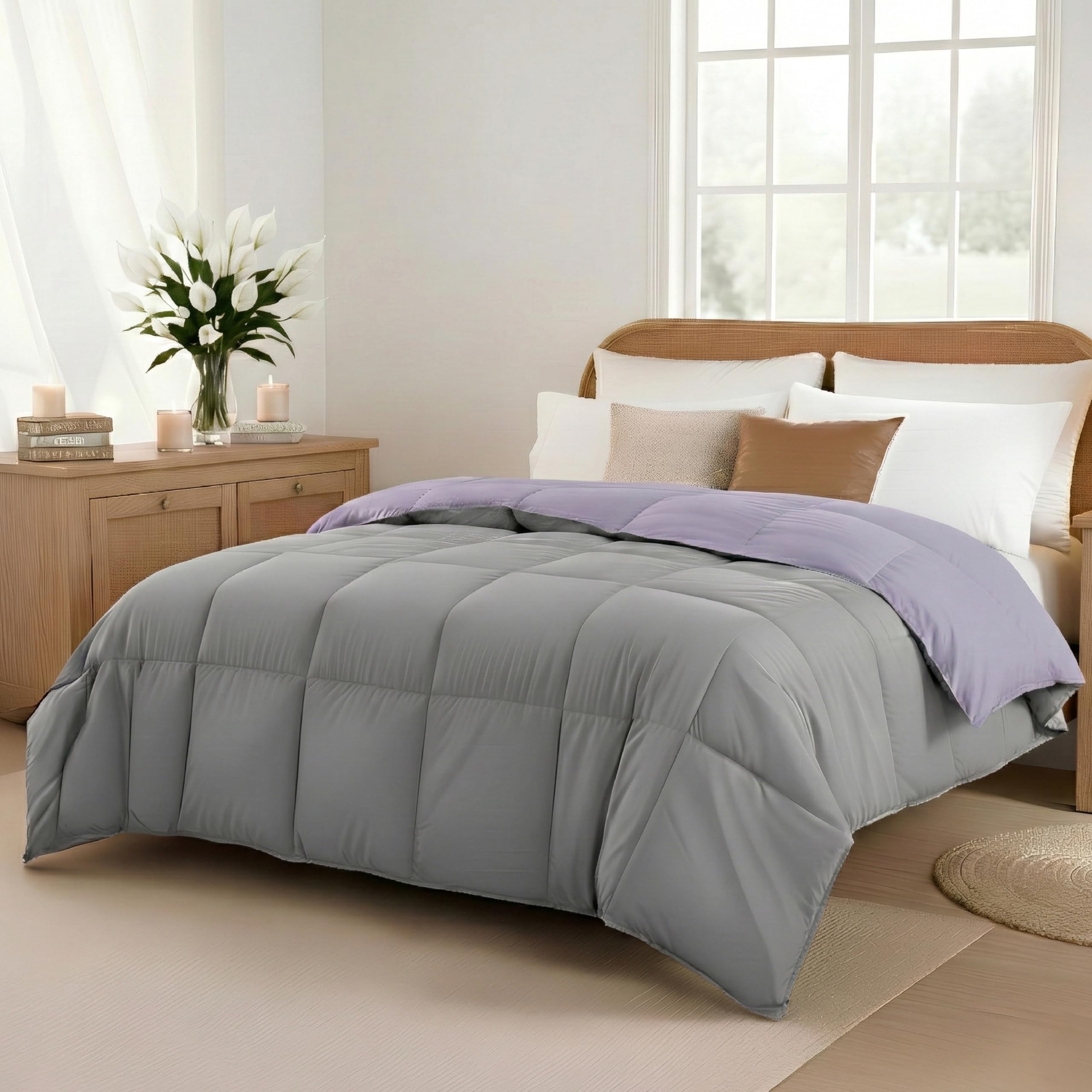 Modern Threads Down Alternative Microfiber Quilted Reversible Comforter & Duvet Insert - Soft, Comfortable Alternative to Goose Down - Bedding for All Seasons Amethyst/Silver Twin