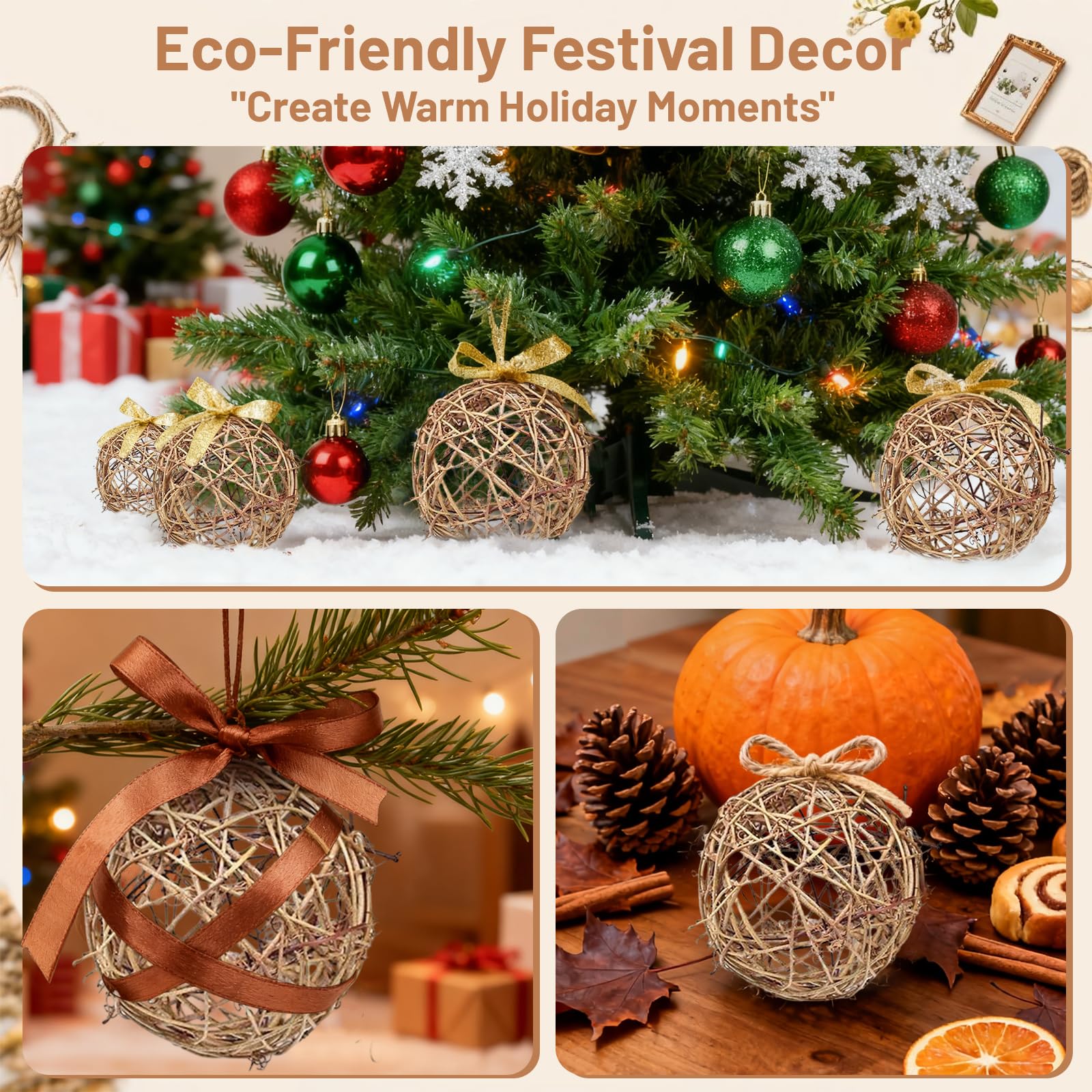 Lot de 12 boules en rotin naturel à suspendre - 7,6 cm - Remplissage de vase pour loisirs créatifs, fête, décoration de table de mariage, accessoires d'aromathérapie