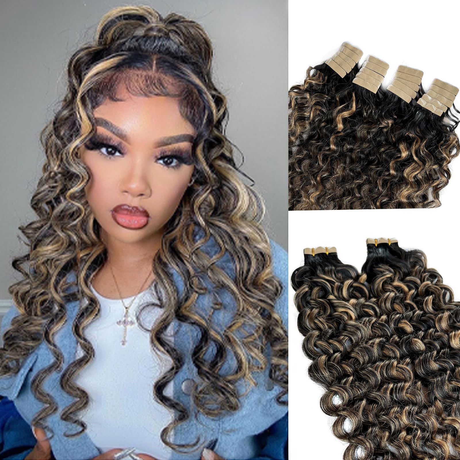 Pu Tape in Hair Extensions Human Hair Ombre Off Black Fading to Strawberry Blonde Mixed Black Water Wave Tape in Extensions Remy Hair Extensions