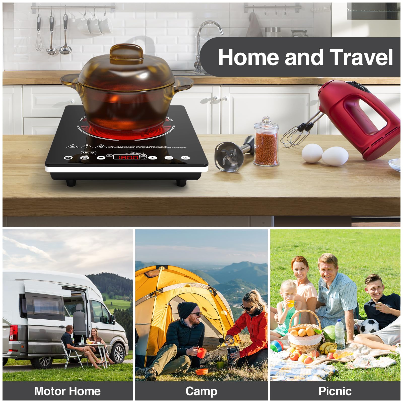 Placa Vitrocerámica Portátil 2000W, Hornillo Eléctrico de 1 Fuego Compatible con Todas las Ollas - Placa de Cocina con Temporizador y Seguridad, para Autocaravana, Camping y Estudio