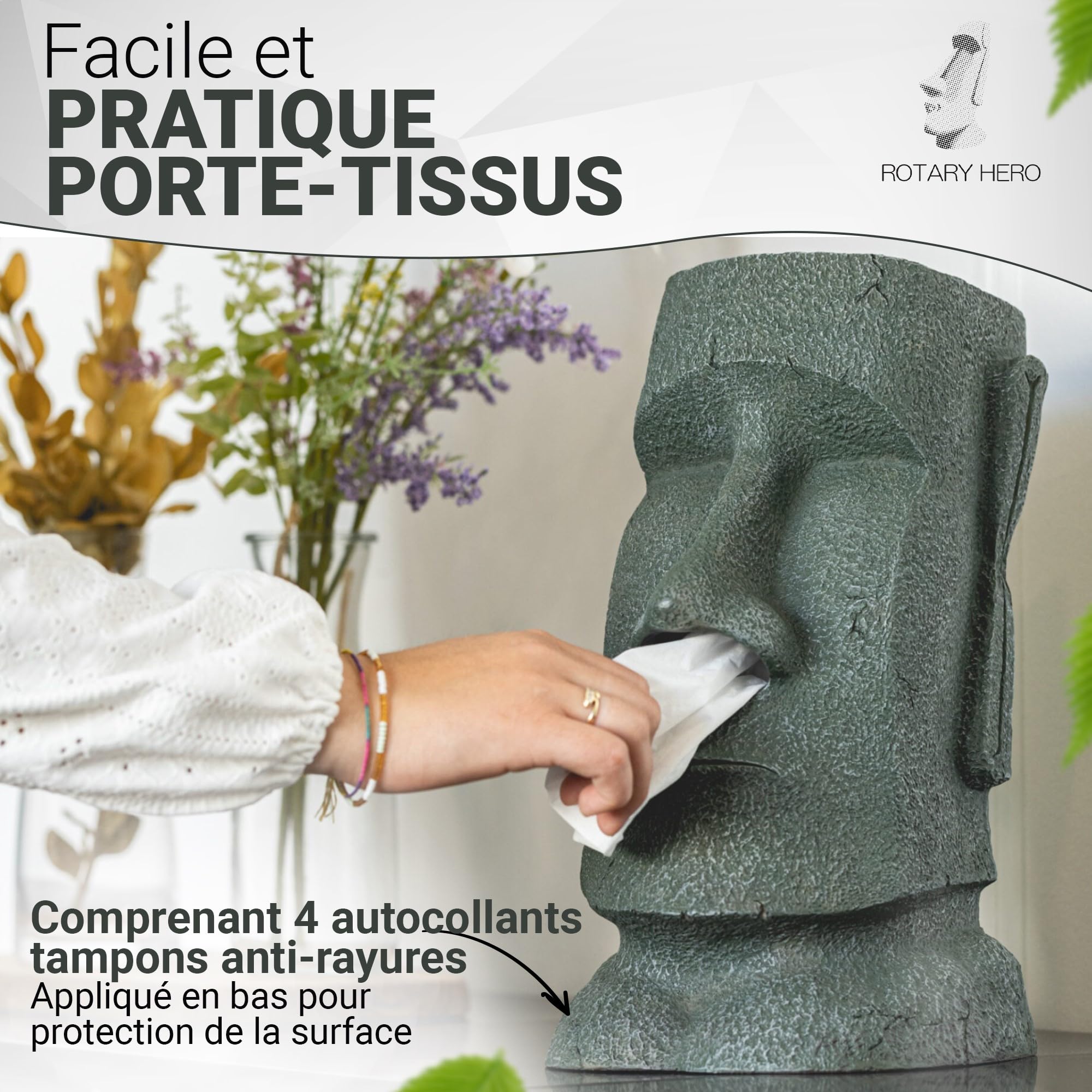 Distributeur de mouchoirs Rotary Hero Moai - Boîte à mouchoirs et Distributeur de mouchoirs en Forme de Figurine Moai pour la Maison, la Cuisine et la Chambre à Coucher - 18 x 14,5 x 32 cm