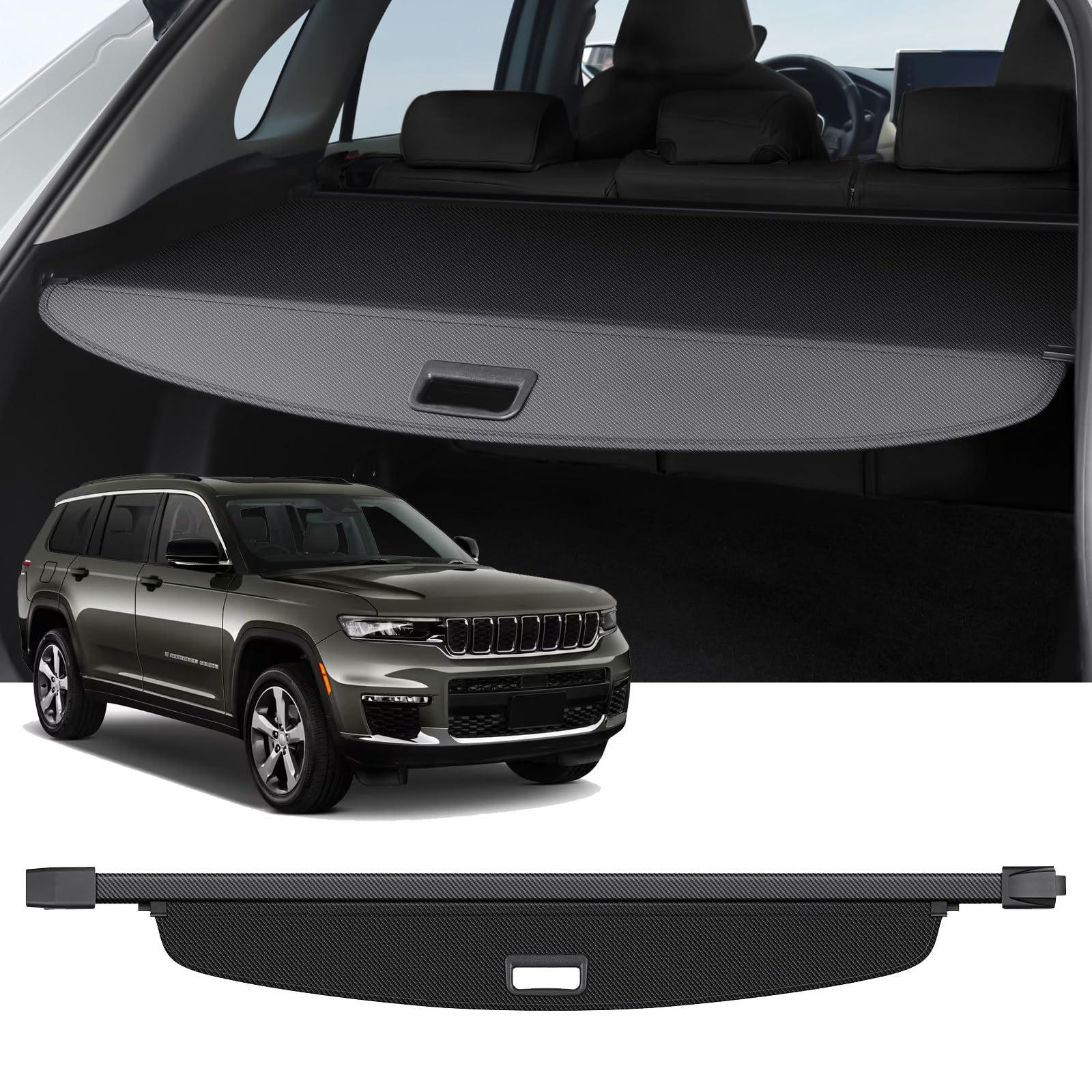 Cargo Cover Compatible with Jeep Grand Cherokee L 2021-2025 (3 Row; WL) Accessories Carbon Fiber Texture Retractable Trunk Cover Security Shield Luggage Privacy (Carbon Fiber Texture)