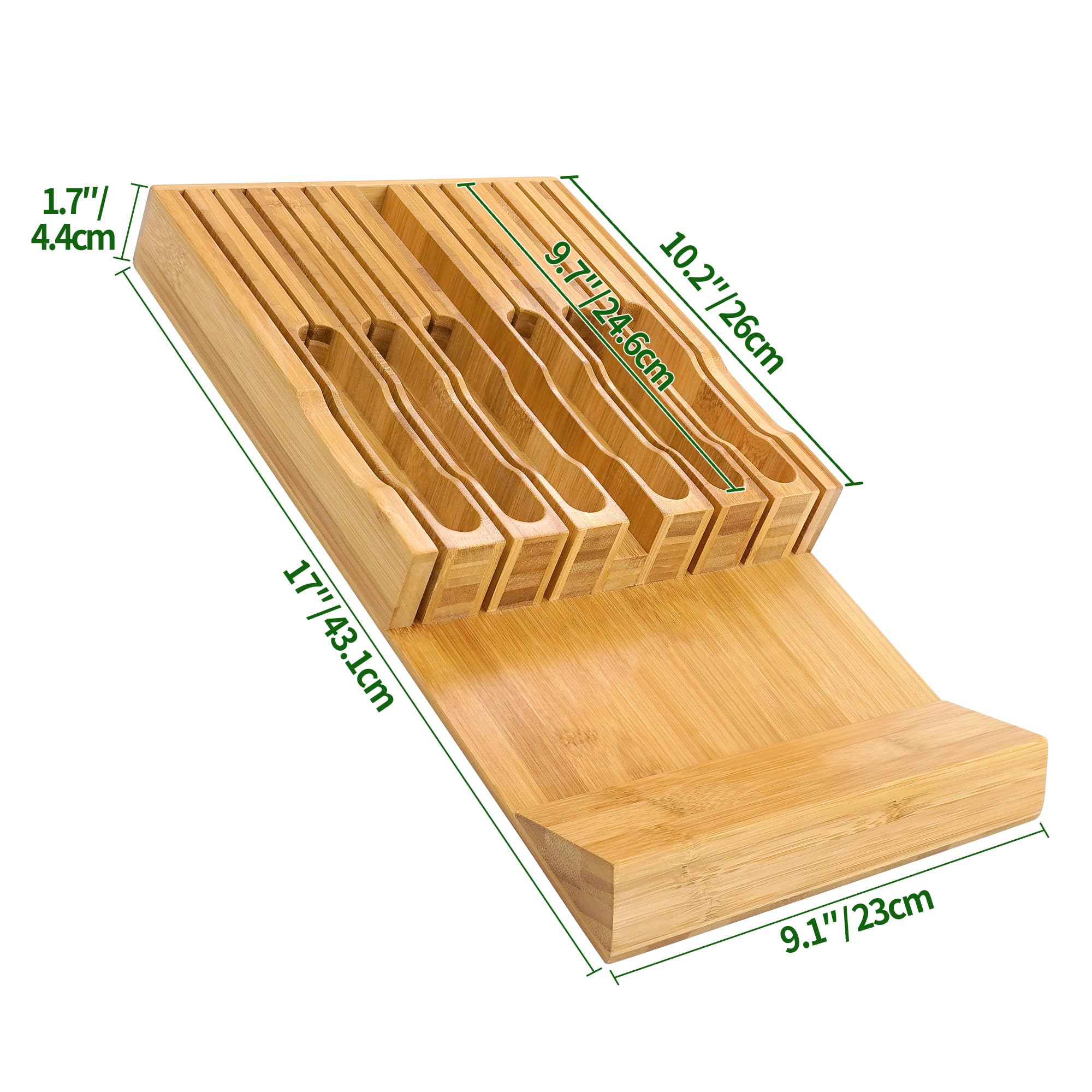 Blocco coltelli per cassetto in bambù, inserto organizer per cassetti per coltelli da cucina, cassetto per 12 coltelli, più uno slot per affilare coltelli (senza coltelli)