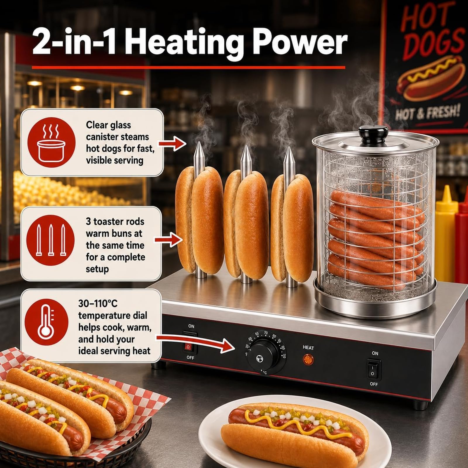 Macchina per cuocere a vapore e scaldapanini per hotdog commerciale, macchina da banco in acciaio inossidabile, 3-4 aste per tostapane e controllo della temperatura regolabile, macchina per 4 Sticks