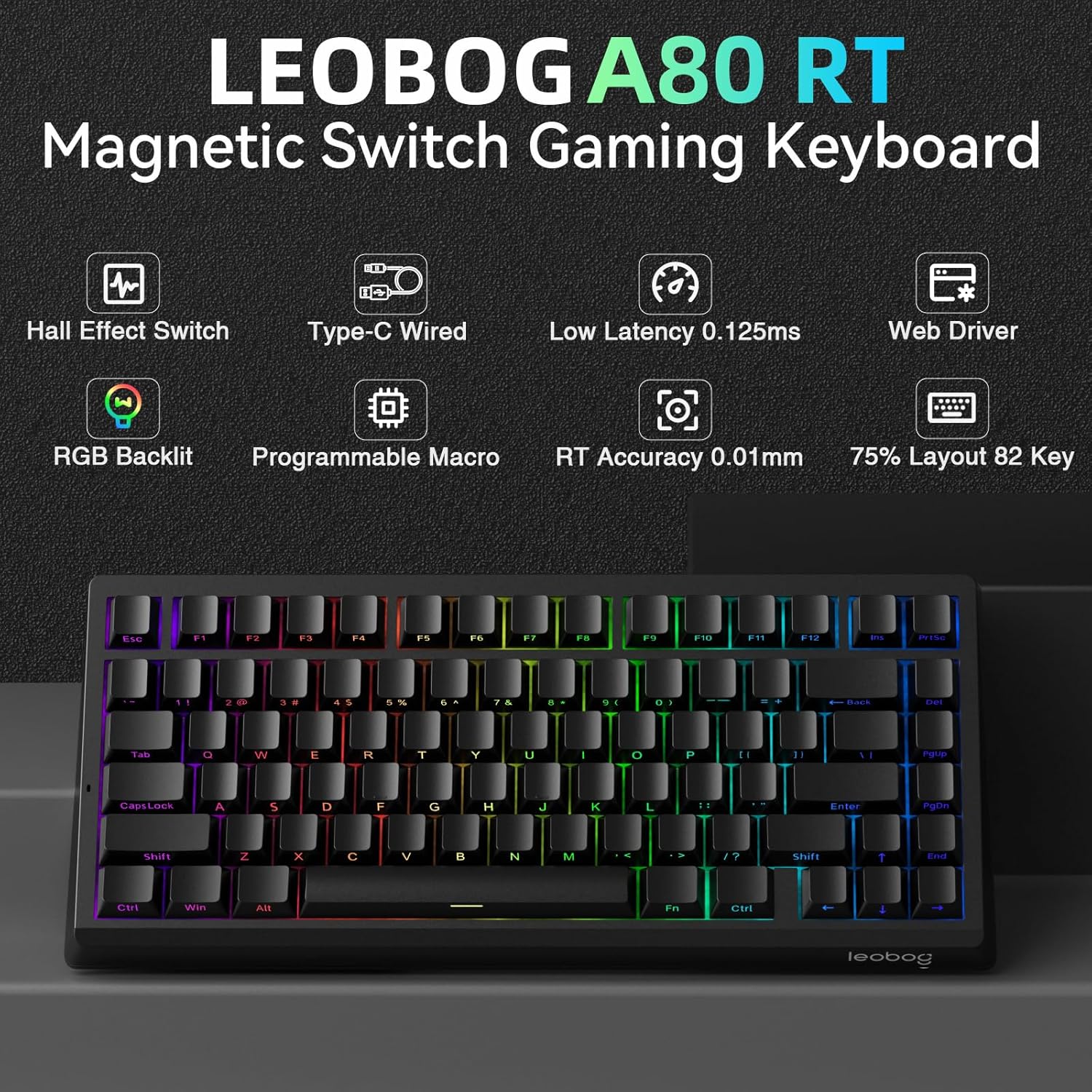 LEOBOG A80 RT Hall Effect Gaming Keyboard Wired, Rapid Trigger Magnetic Switch Keyboard with 0.01mm RT Adjustable Actuation, 8000Hz Polling Rate, RGB Backlit Mechanical Keyboard 75% for PC Gamer