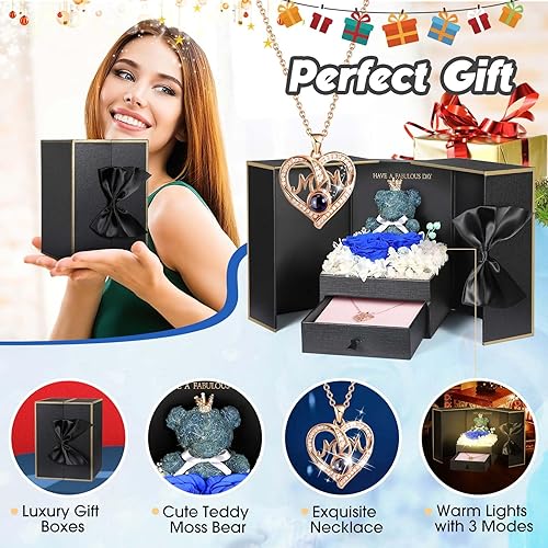 Miniatura 147 de ADDWel Rose Gifts for Women - Preserved Real Roses Forever Purple Flowers with I Love You in 100 Languages Necklace and Cute Moss Bear for