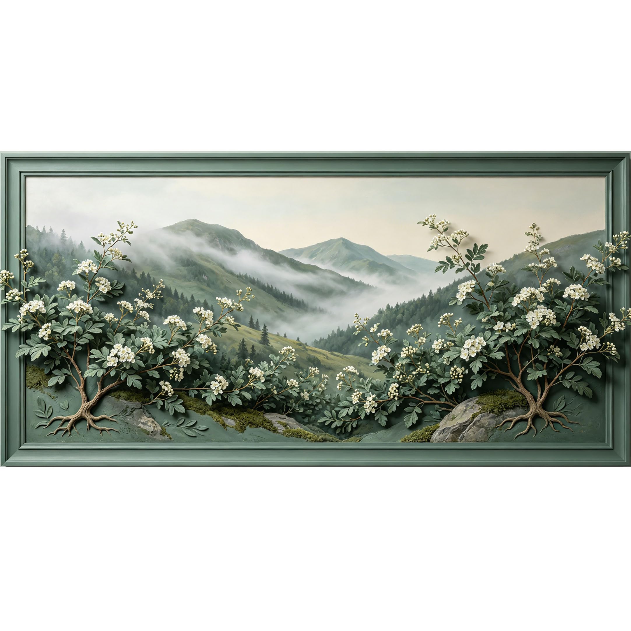 Agglomerix 3D Framed Wall Art Misty Mountain Forest White Blossom Floral Relief Botanical Landscape Large Size SelfAdhesive Removable Wall Decor Prints Artwork for Living Room Bedroom Office