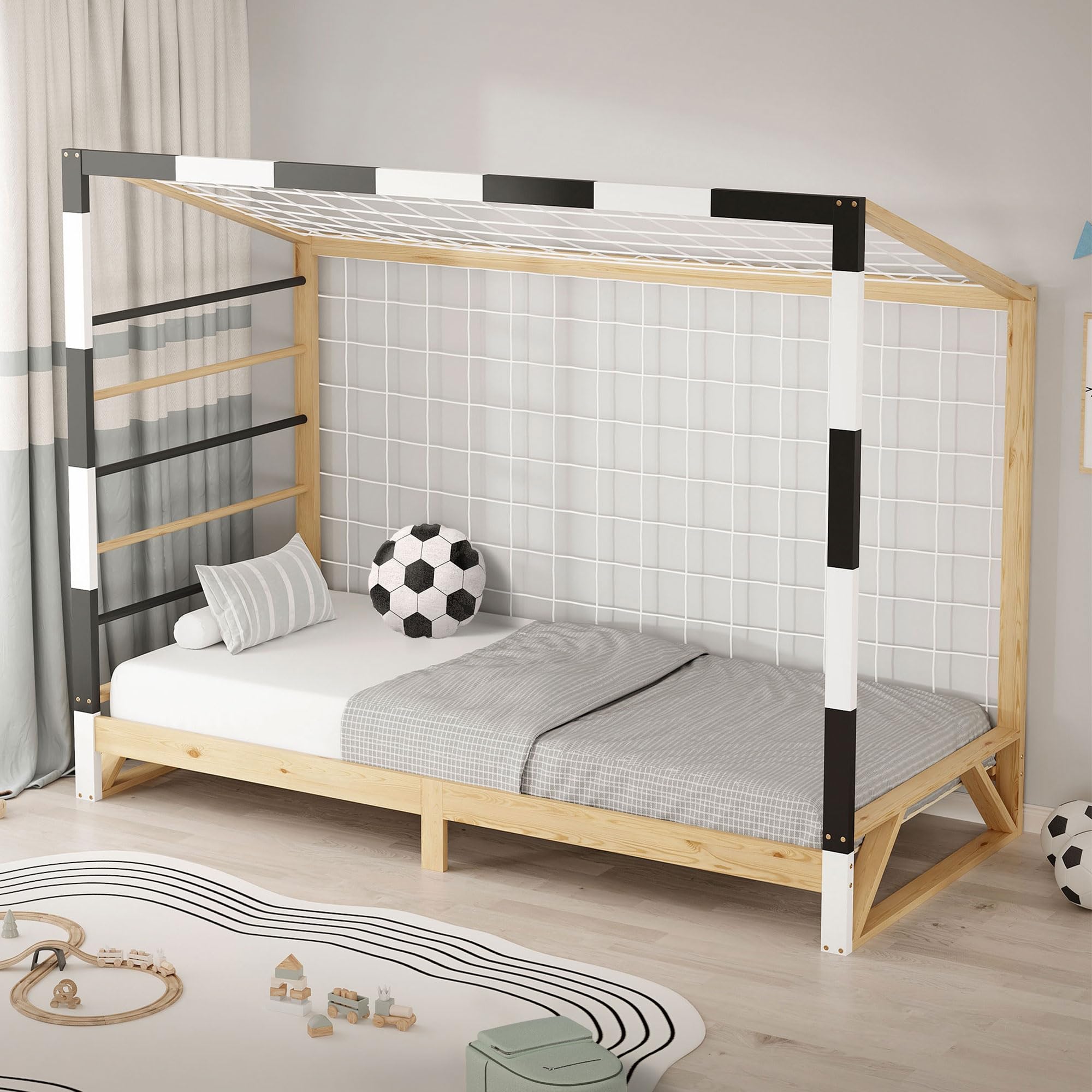 ML-Design Letto Bambini 90x200 cm in Pino Naturale, Struttura a Forma di Porta da Calcio Pallamano Bianco Nero, Rete a Doghe e Scala, Letto Singolo Sportivo, Lettino Basso per Cameretta