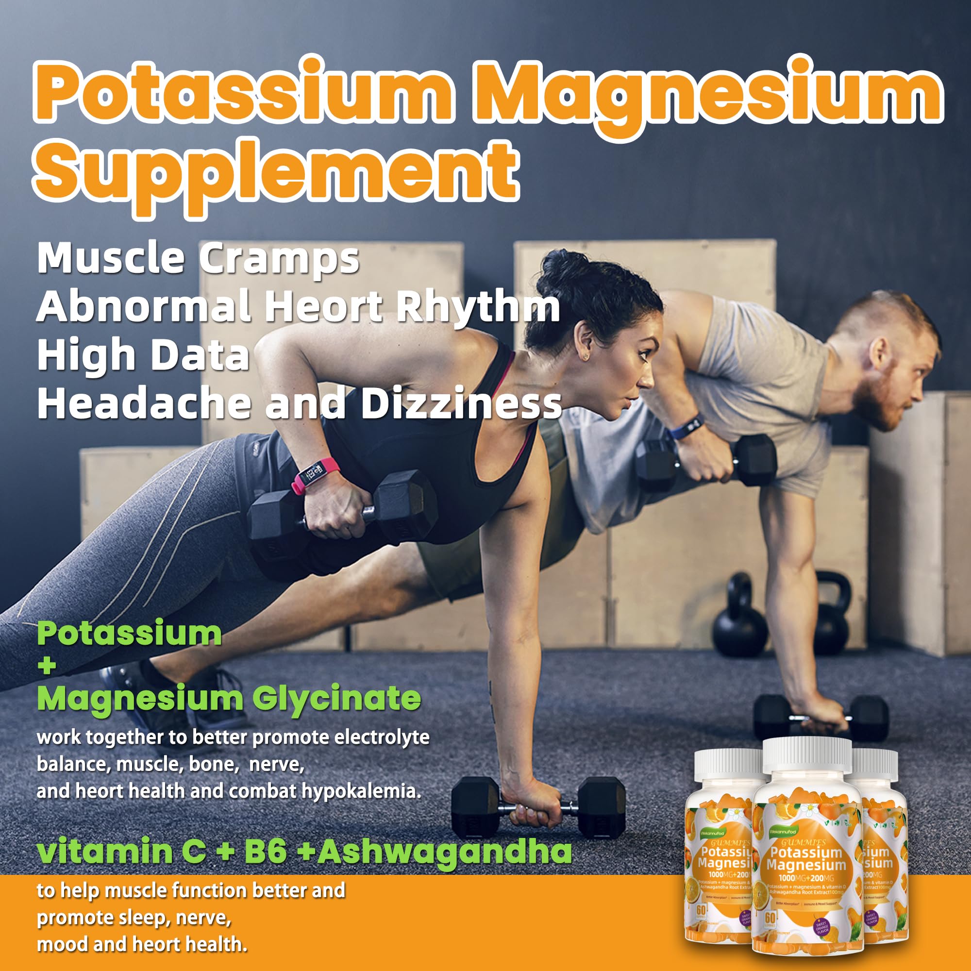 Potassium Magnesium Gummies,High Absorption Magnesium Glycinate,B6,D3,Potassium Citrate for Leg Cramps,Muscle,Electroyte for Adults Kids,Sugar-Free, 60 Gummies (Sweet Orange Flavor) — Amazon image 3