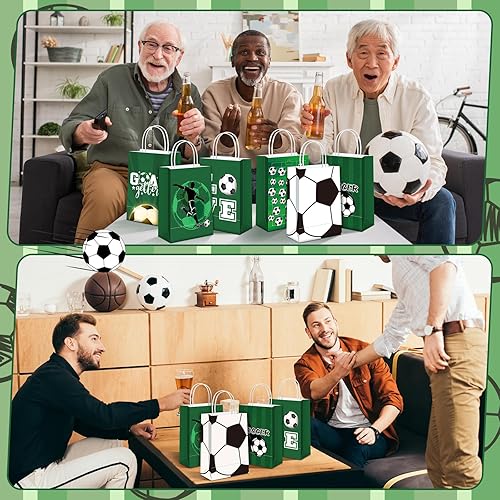 Miniatura 6 de Outus 24 bolsas de papel de regalo de fiesta de fútbol, bolsas de papel de regalo de fútbol con asas, bolsa de dulces para deportes, fiesta de
