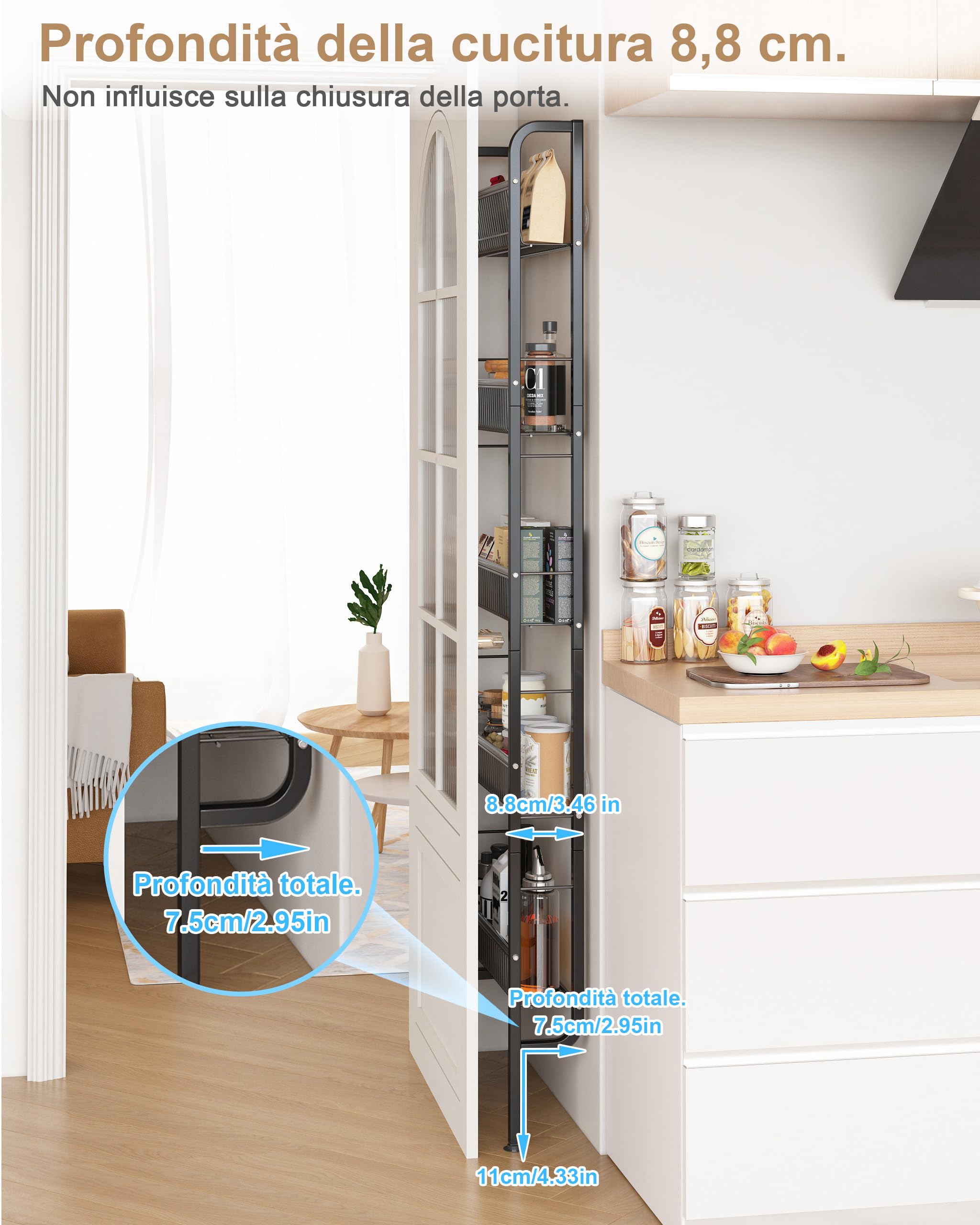 UMDONX Scaffale stretto per bagno, scaffale da parete per cucina, scaffale a scala a 5 livelli, scaffale per libri, scaffale multifunzionale in metallo per spazi ristretti-Nero