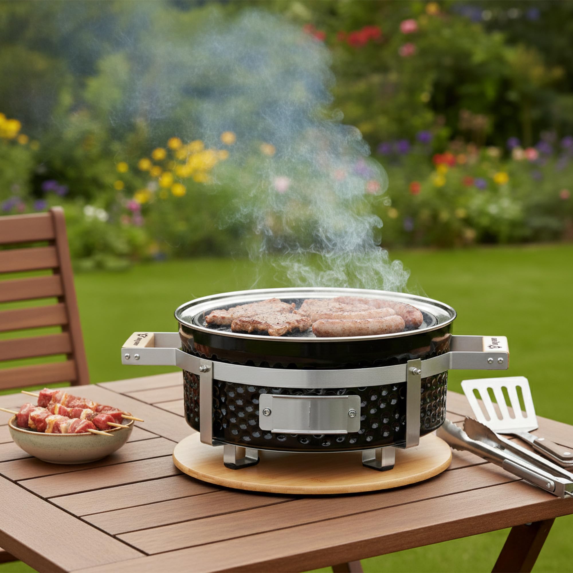 BBQ-Toro Barbecue da tavolo in ceramica, rotondo, diametro 29,5 cm, con base in legno, Hibachi, barbecue in ceramica, barbecue a carbonella, barbecue da tavolo senza elettricità, raclette giapponese