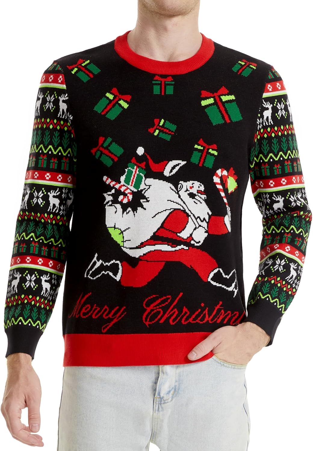 Runhit Ugly Christmas Sweater Men Funny Sport Crew Neck Long Sleeve Classic Knitted Pullover - Speed Skating Santa