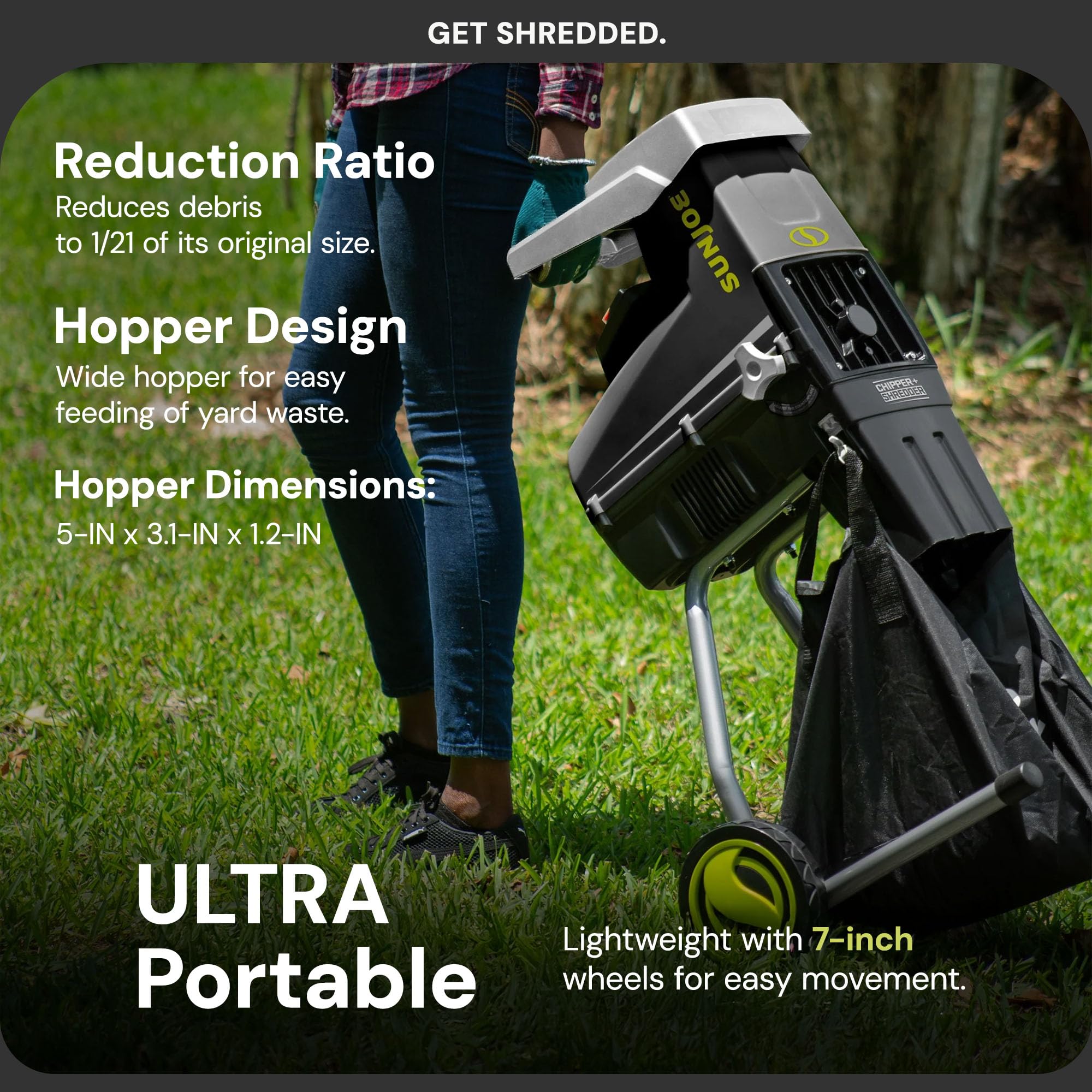 Sun Joe Corded Wood Chipper Shredder and Waste Shredding Machine with Collection Bag, 1.7-Inch Cutting Diameter, 15-Amp Motor - Portable Electric Equipment for Lawn, Garden, and Yard Care, CJ603E - Additional View