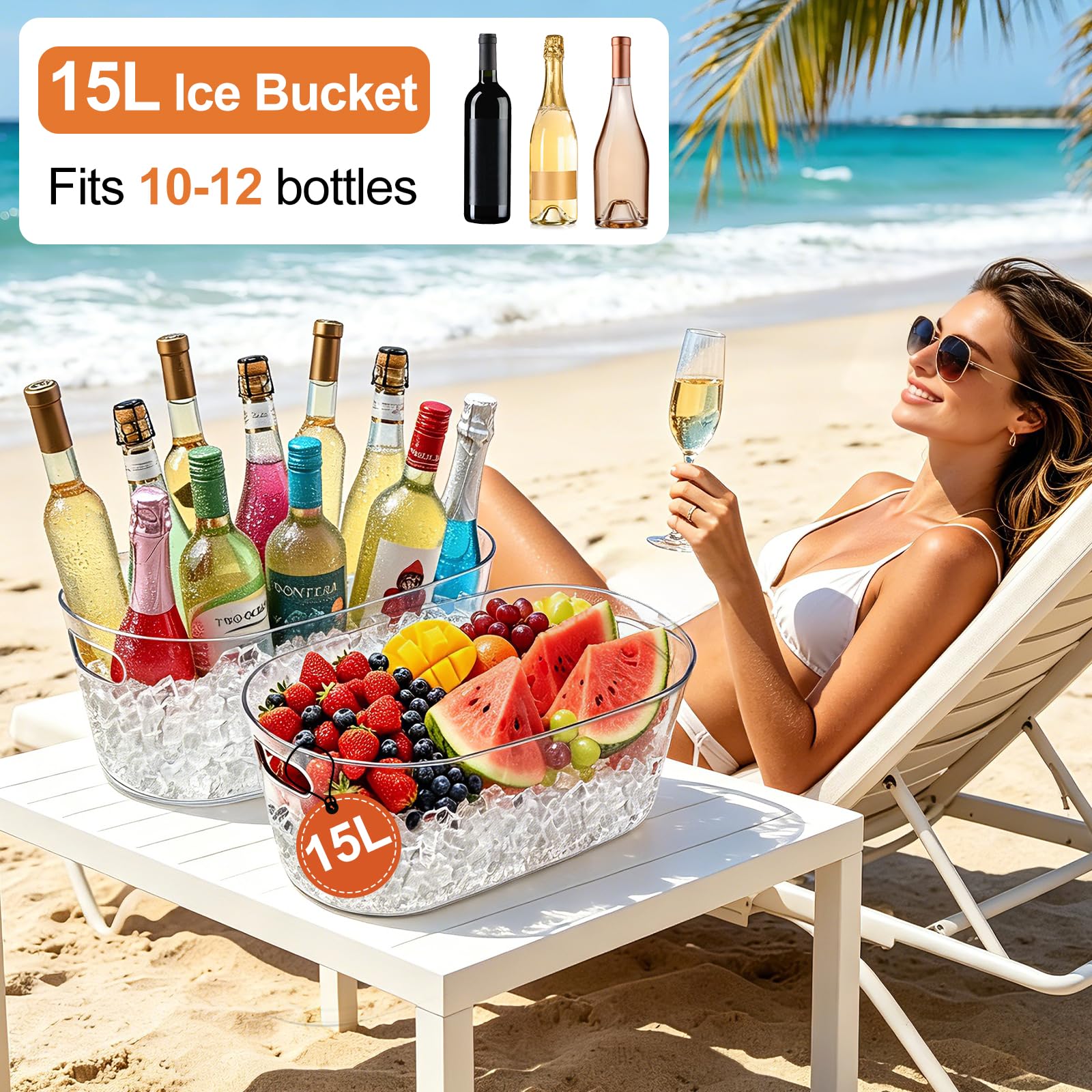 Eiskübel für Partys, 4 Packungen, 15 l großer Eiskübel mit 4 Schaufeln, transparenter Acryl-Kunststoffwanne für Zuhause, Büro, Kühlschrank, Zubehör für Champagner, Bier, Cocktail auf Mimose, Bar