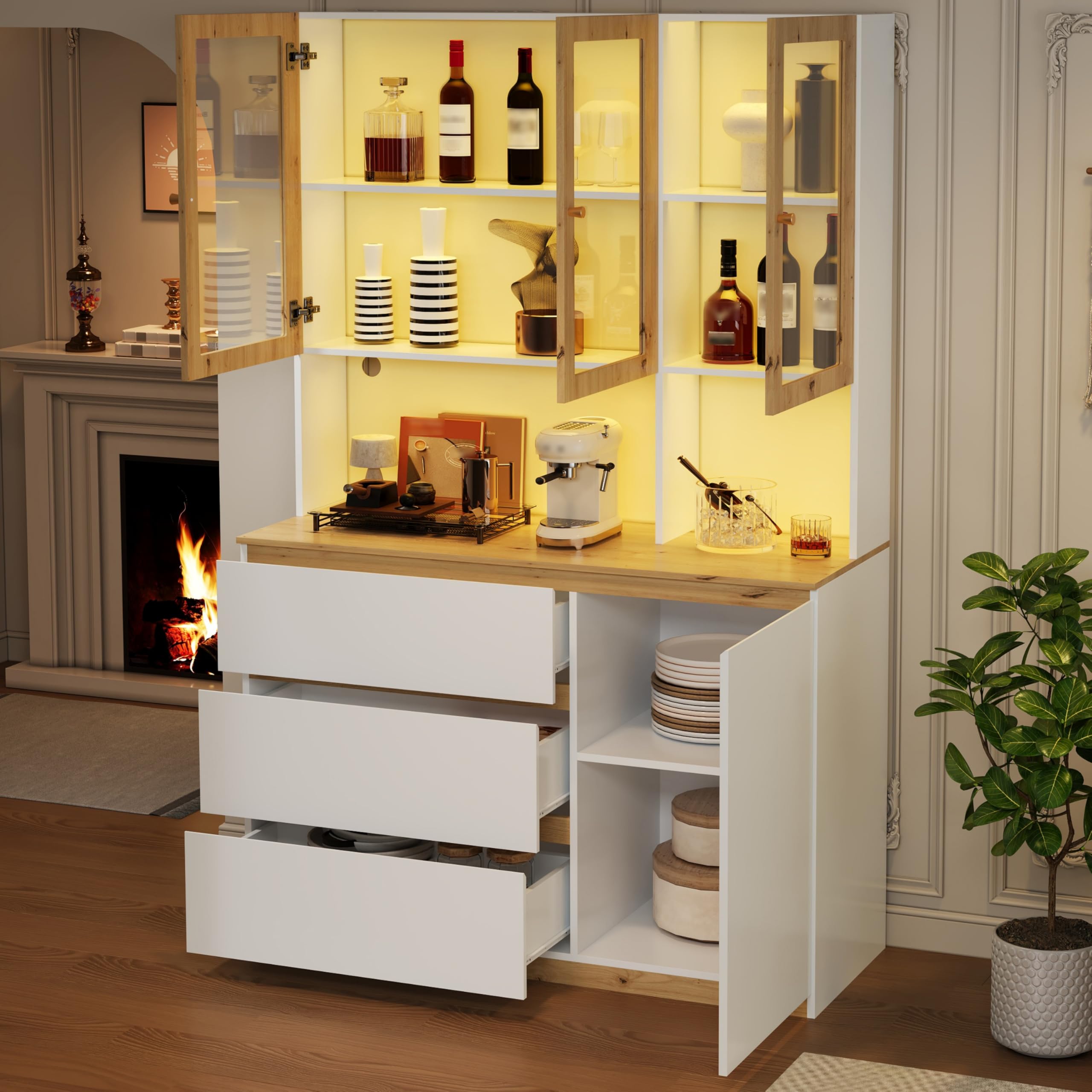 Merax Vitrine Hochschrank mit LED 120×24,5×200 cm, Glasvitrine mit 3 Schubladen und Tür, offenes Fach mit Kabelmanagement, Standmöbel für Wohnzimmer Esszimmer Küche, Weiß+Holzfarbe