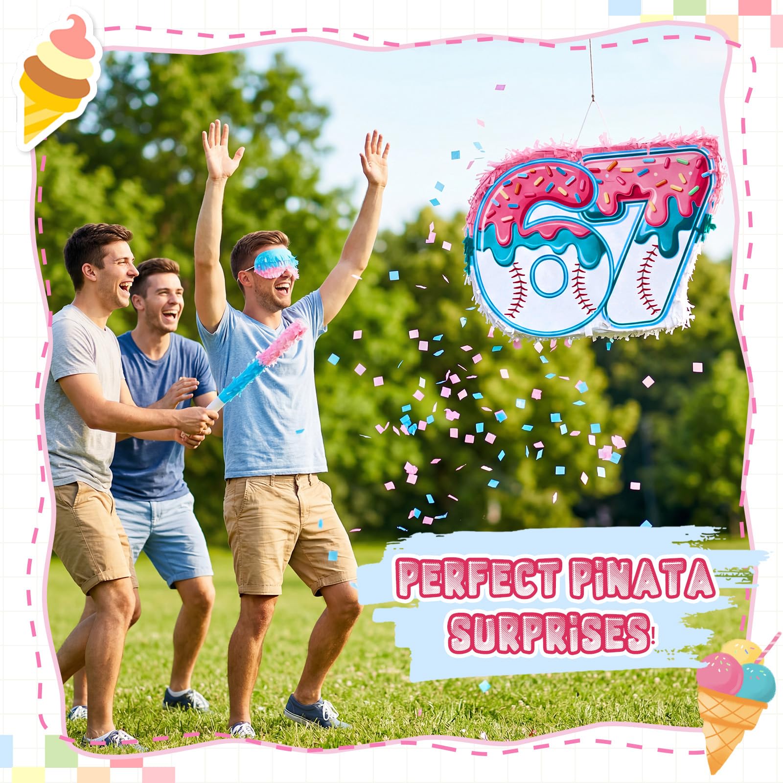 Soulchen Piñata sur le thème du baseball numéro 6 7 avec bâton de chauve-souris, bandeau pour les yeux et confettis pour décorations de fête d'anniversaire amusantes à thème Six Seven