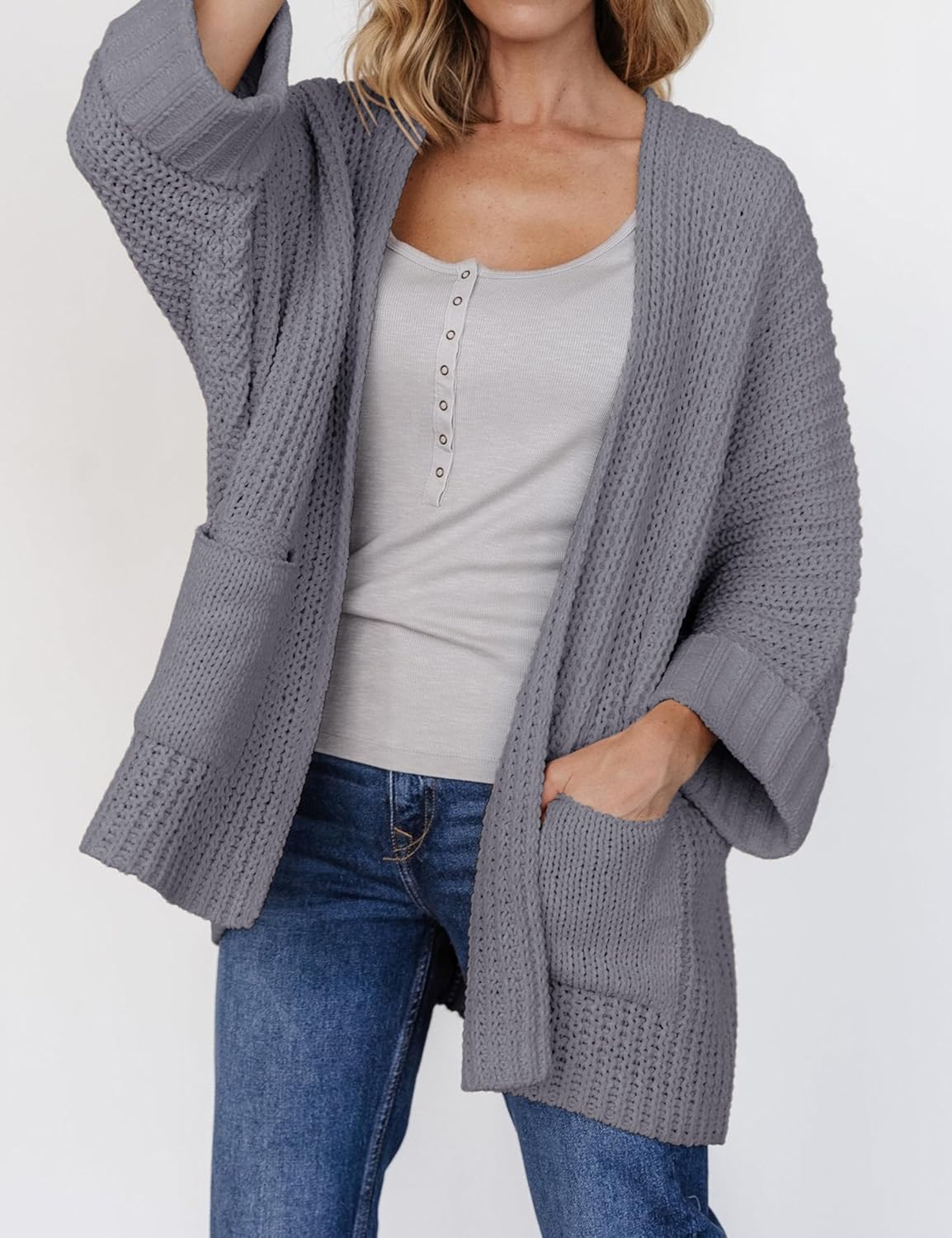 Athlisan Women's Oversized 3/4 Sleeve Open Front Knit Outwear with Pockets(Darkgrey-M) - Image 3