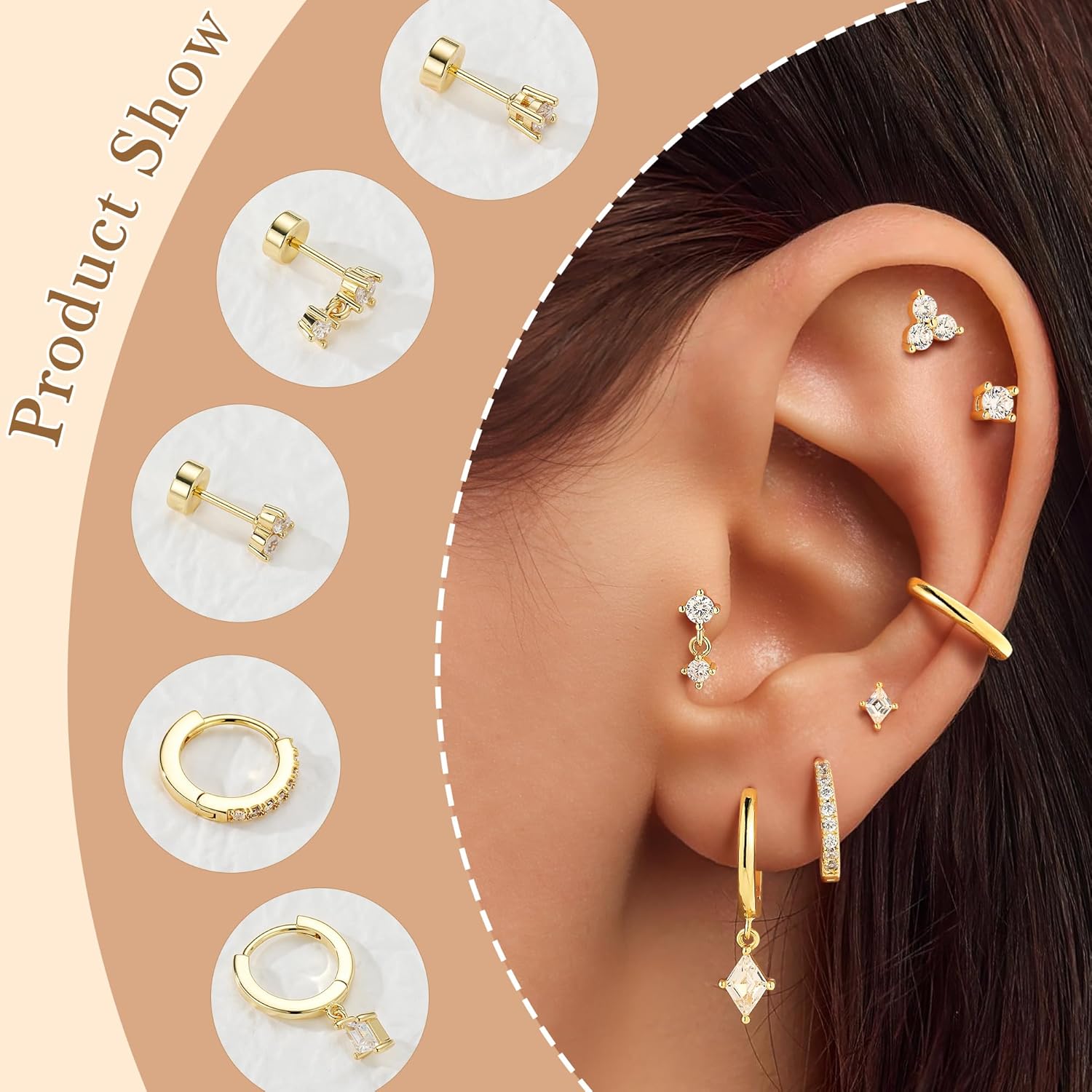 Turandoss Gold Hoop Earrings for Women Trendy - Dainty 14K Gold Plated Hypoallergenic Dangle Huggie CZ Earring Stacks Personalized Cartilage Hoop Earring Sets for Multiple Piercing Earrings for Women - Image 5