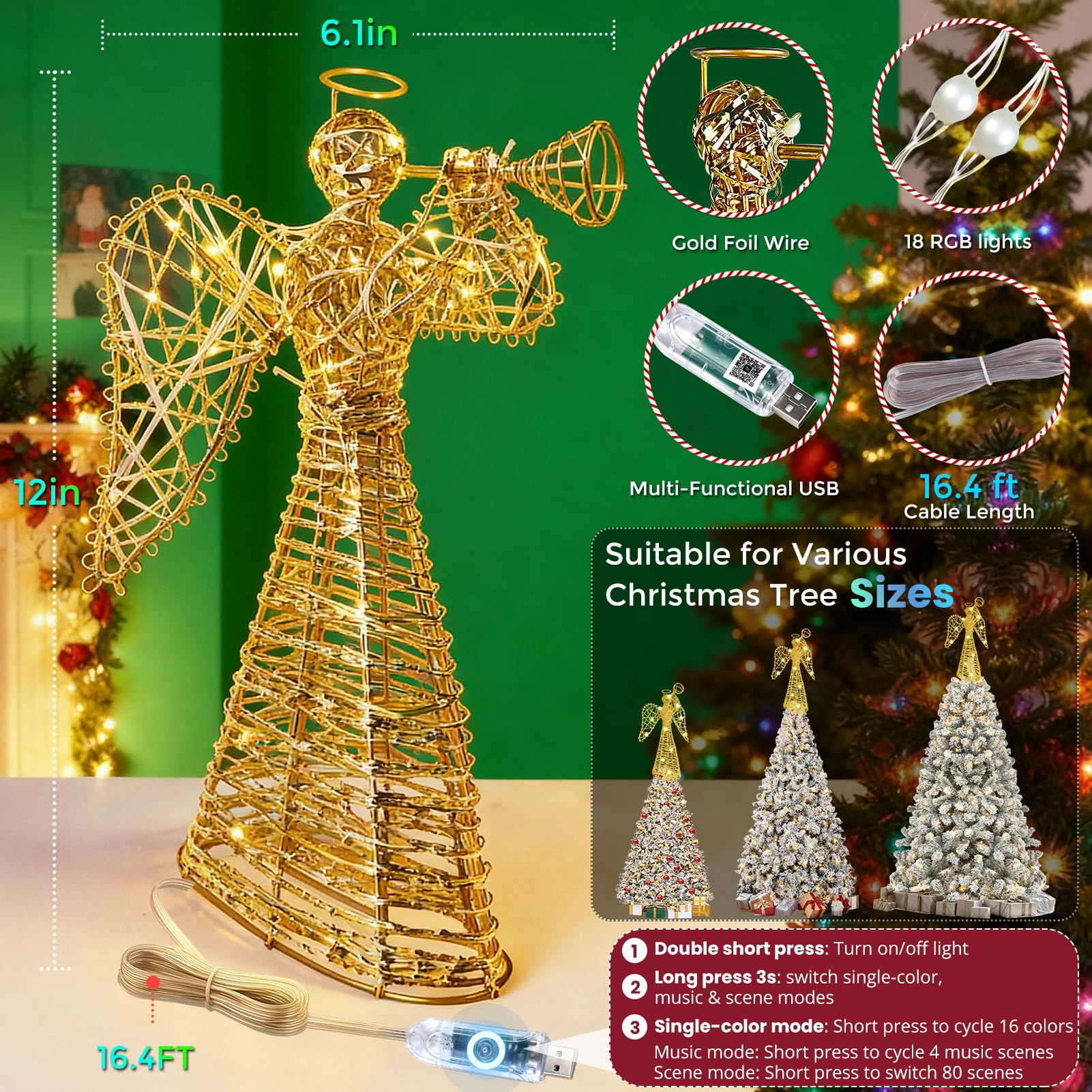 Weihnachtsbaumspitze mit goldfarbenem Glitzer und Trompete, 3D-Golddrahtrahmen, Engel mit mehrfarbigen LED-Lichtern, Smart-App-Steuerung und Musik-Synchronisation, beleuchtete Weihnachtsbaumspitze für