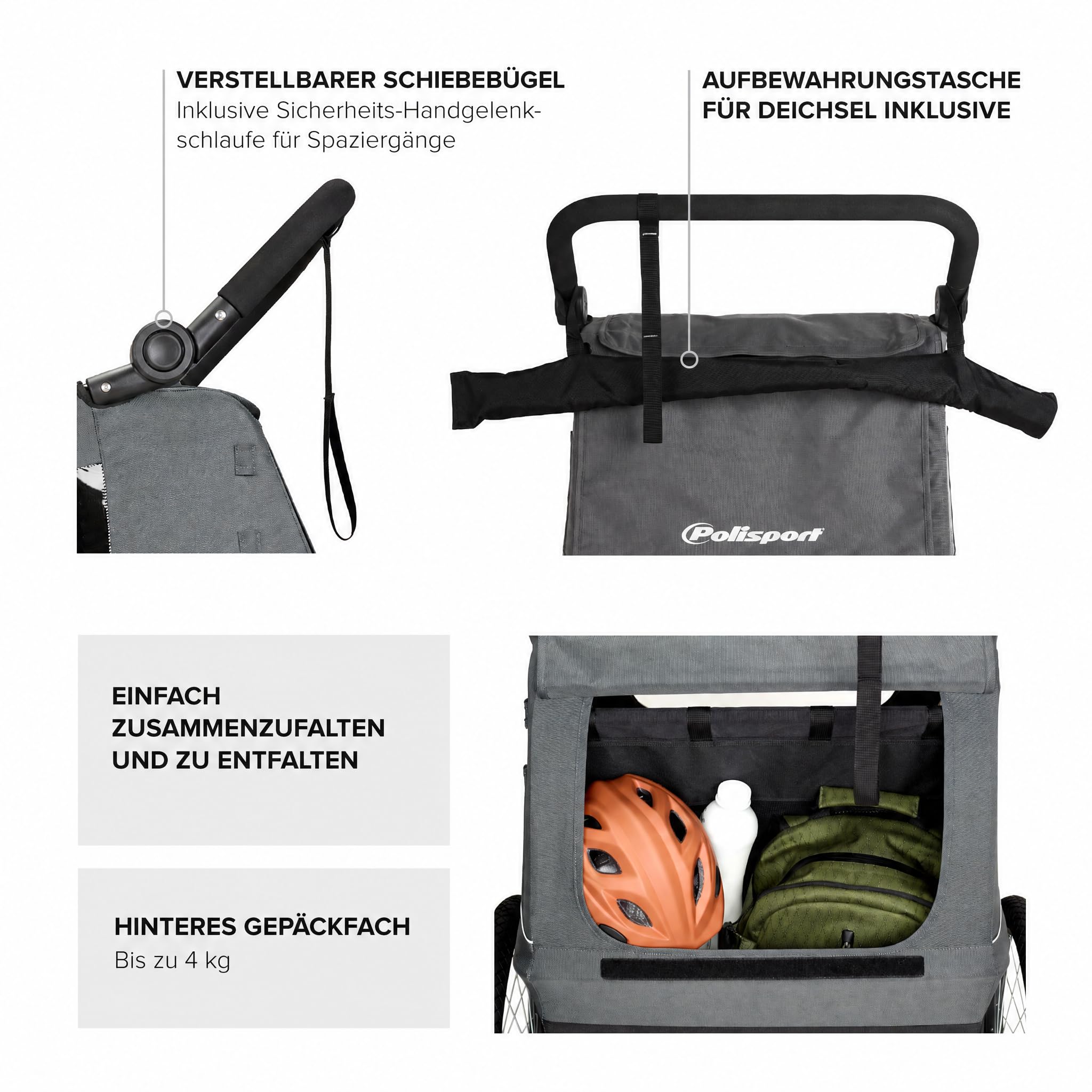 Polisport Kinderfahrradanhänger 2-in-1 mit Kinderwagen, Schwarz/Grau
