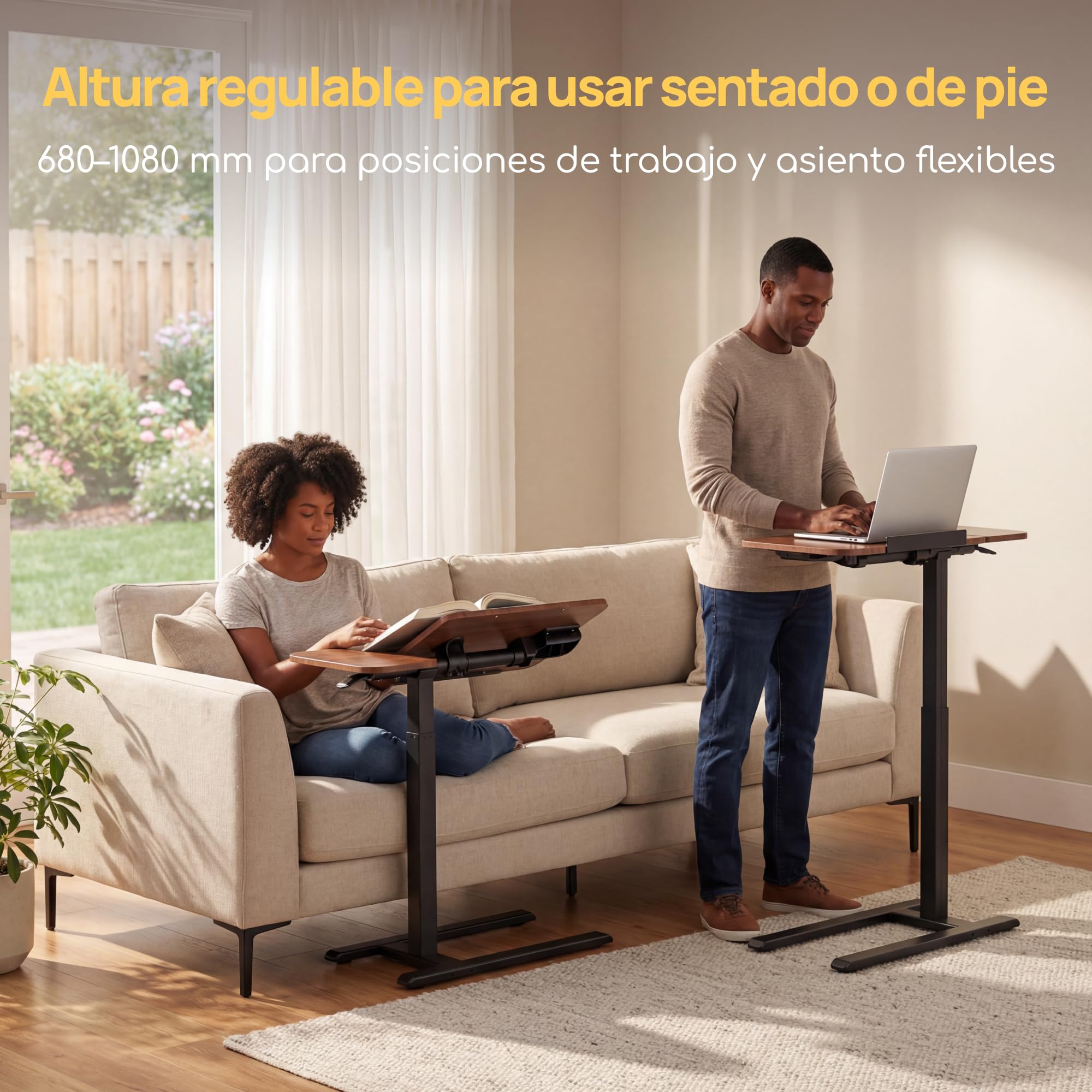 Viviendo Mesa Auxiliar para Cama con Ruedas, Marrón, Regulable en Altura 68–108 cm con Pistón de Gas, Mesa para Ordenador Portátil con Tablero Inclinable, para Cama, Sofá y Oficina, 70 x 40 cm
