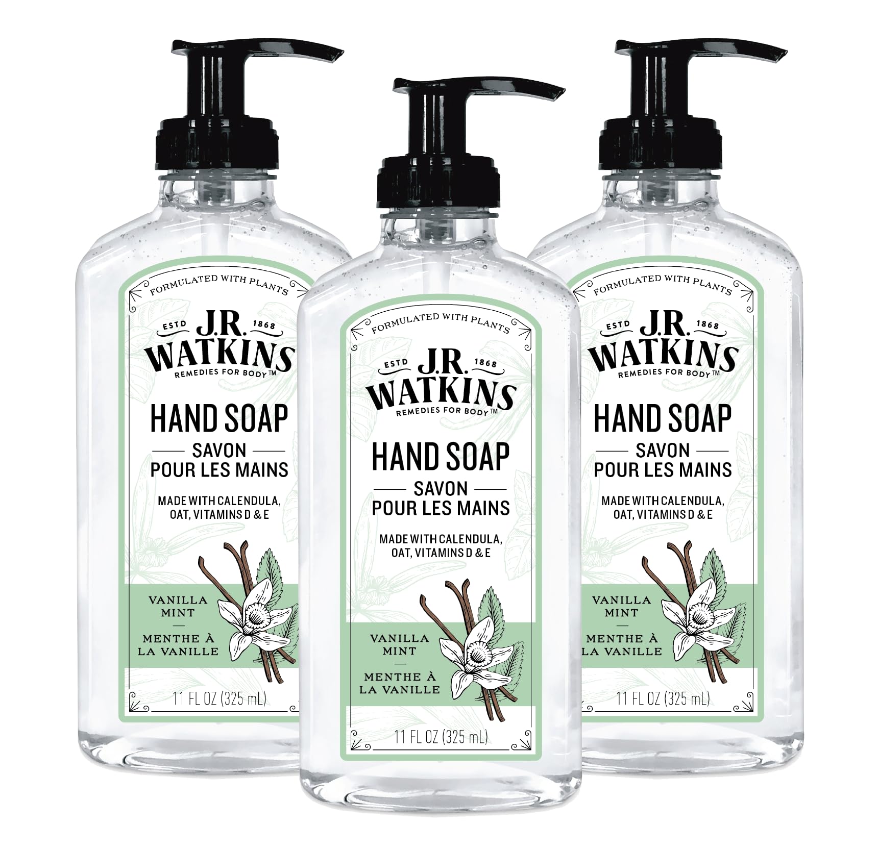 J.R. Watkins Gel Hand Soap, 3 Pack of 11 Fl Oz, Vanilla Mint