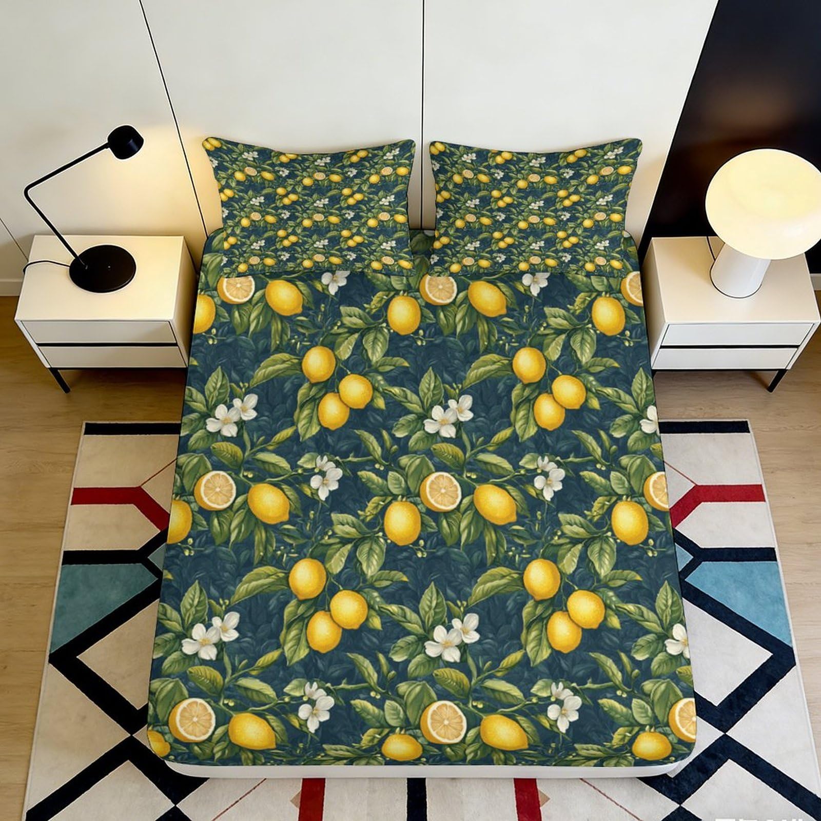 3D Printed Lemon Botanical Fitted Sheet Microfiber Soft Non-slip Floral Mattress Cover for Bedroom Guest Dorm Decor 90x200x25cm