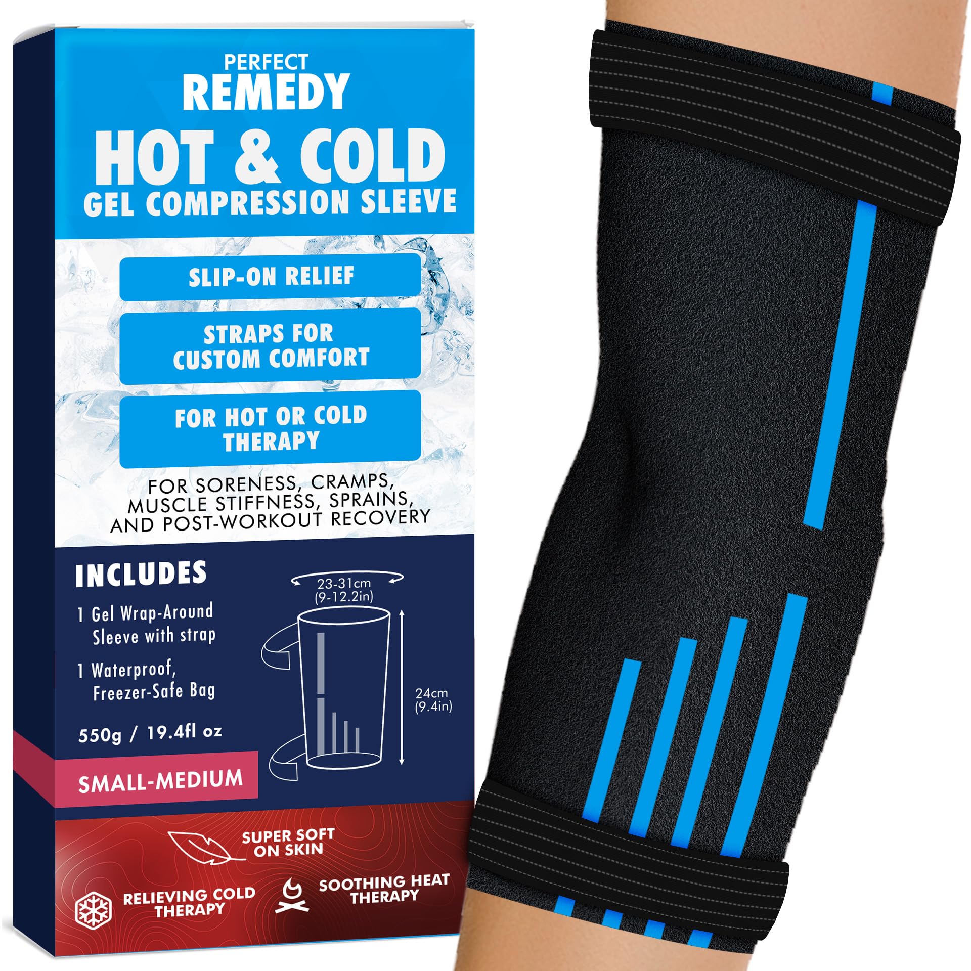 Perfect RemedyFreeze Sleeve - Hot & Cold Arm Ice Pack Wrap Compression - Tennis Elbow Cold Pack Compression for Support in Injuries - Ice Sleeve for Knee, Elbow (Small-Medium)
